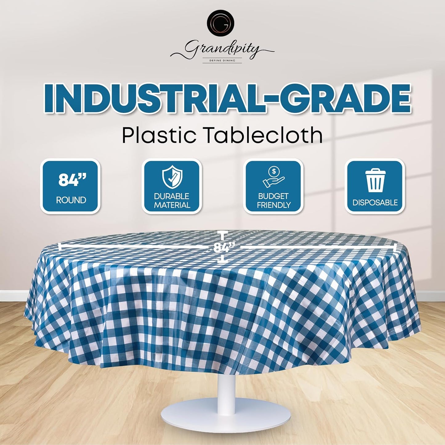 Grandipity 12 Pack Premium Disposable Plastic Picnic Tablecloth 84" Inch Decorative Round Table Cover - Blue Checkered Gingham