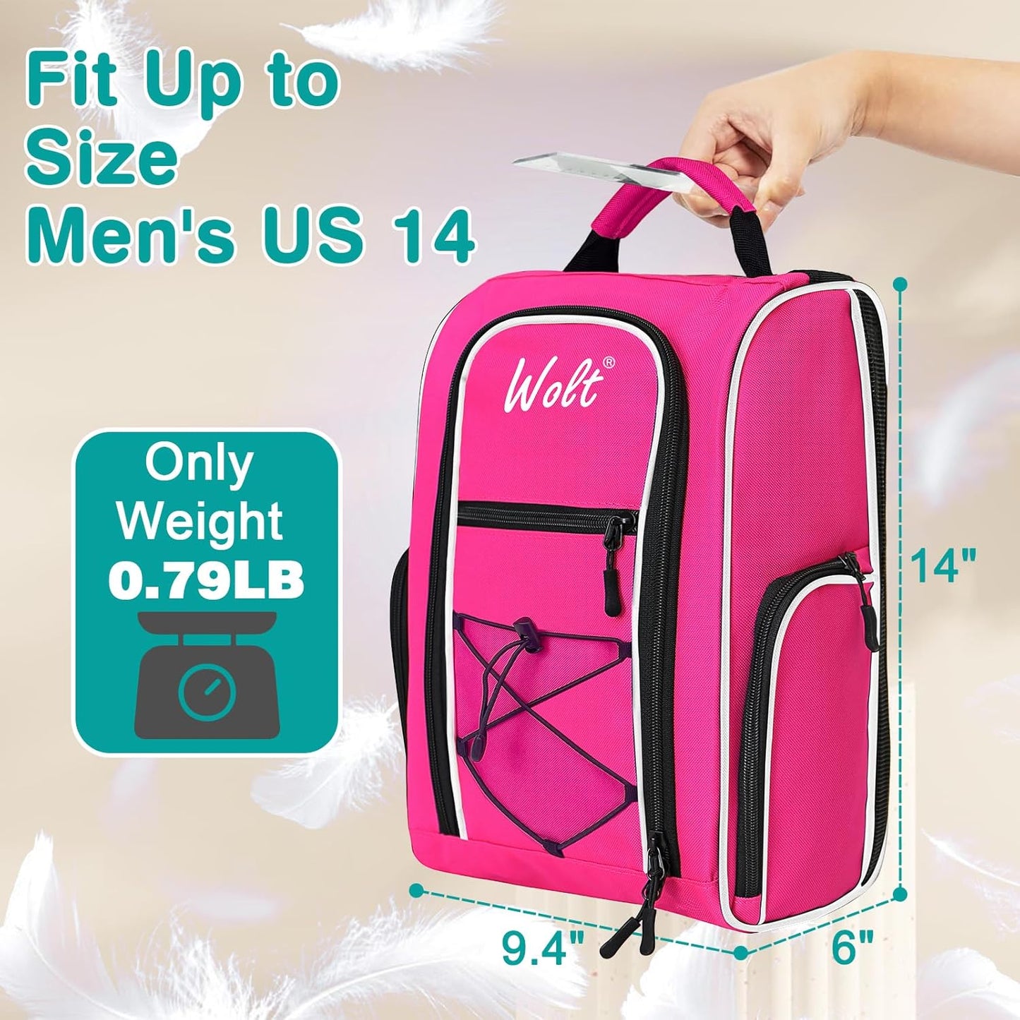 Wolt 2 Pcs Golf Shoe Bag for Travel- Zippered Shoes Carrier Bags with Ventilation & Double Outside Accessory Pocket for Socks, Tees, Golf Balls, etc. for women and men (Grey+Pink)