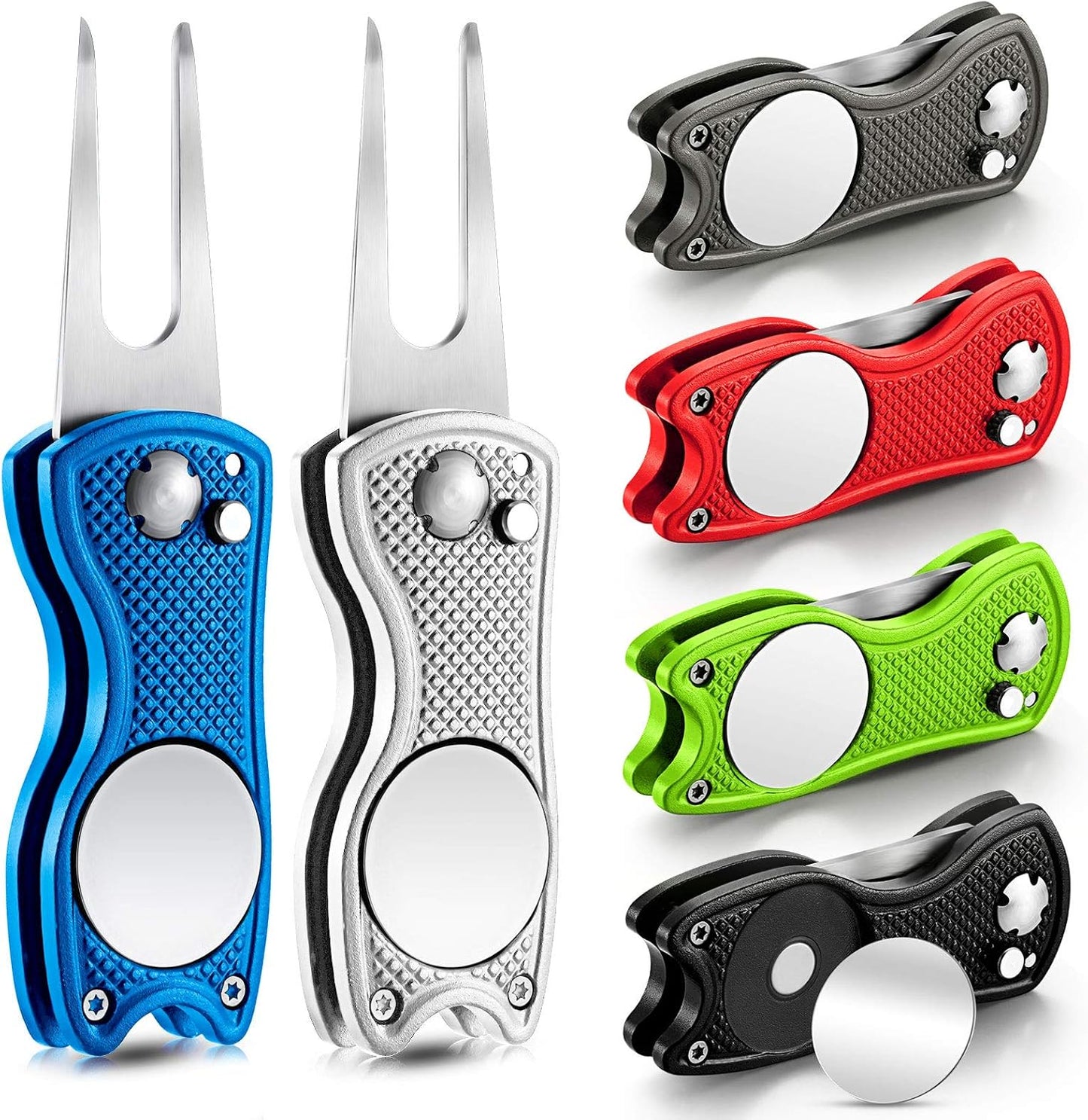 6 Packs Golf Repair Tool Stainless Steel Foldable Golf Divot Tool Magnetic Button Ball Marker