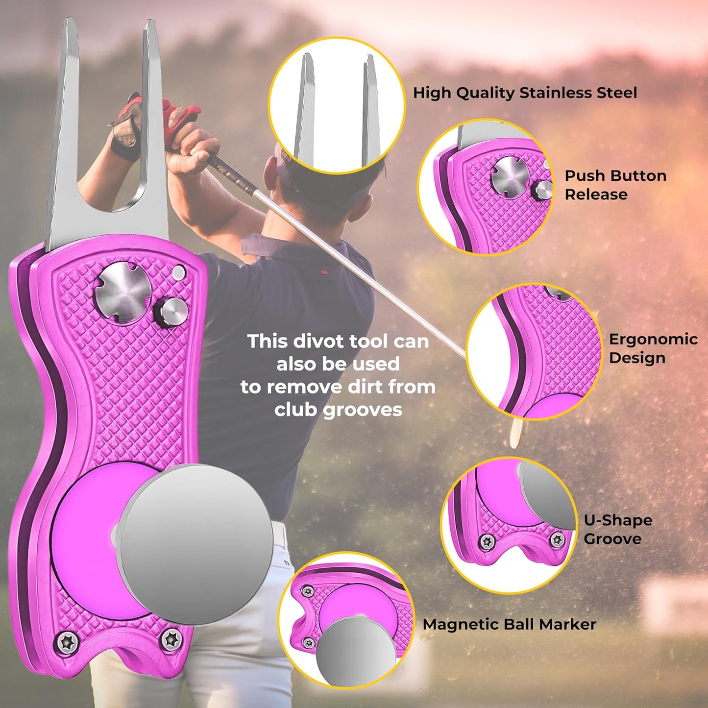 Golf Divot Tool with Magnetic Ball Marker, Multifunctional Divot Tool, Foldable Fork,Fix Divots, Clean Clubs and Cleats, U Shape Bottom can Hold Club