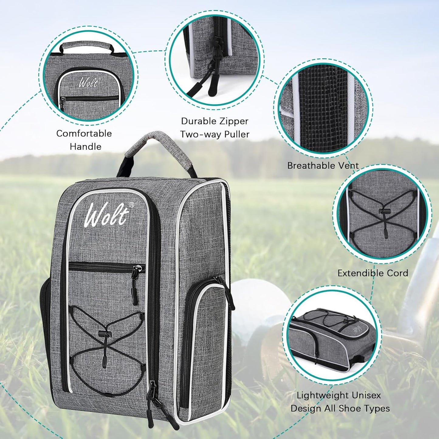 Wolt 2 Pcs Golf Shoe Bag for Travel- Zippered Shoes Carrier Bags with Ventilation & Double Outside Accessory Pocket for Socks, Tees, Golf Balls, etc. for women and men (Black+Grey)