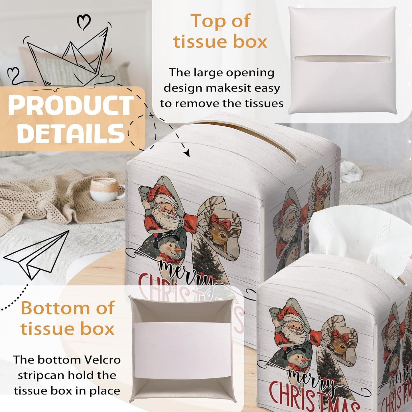 Merry Christmas Tissue Box Holder, Santa Claus Bow Reindeer Snowman Leather Tissue Box Cover Square, Paper Facial Decorative Tissues Cover for Bathroom Kitchen Office Home Decor-B26