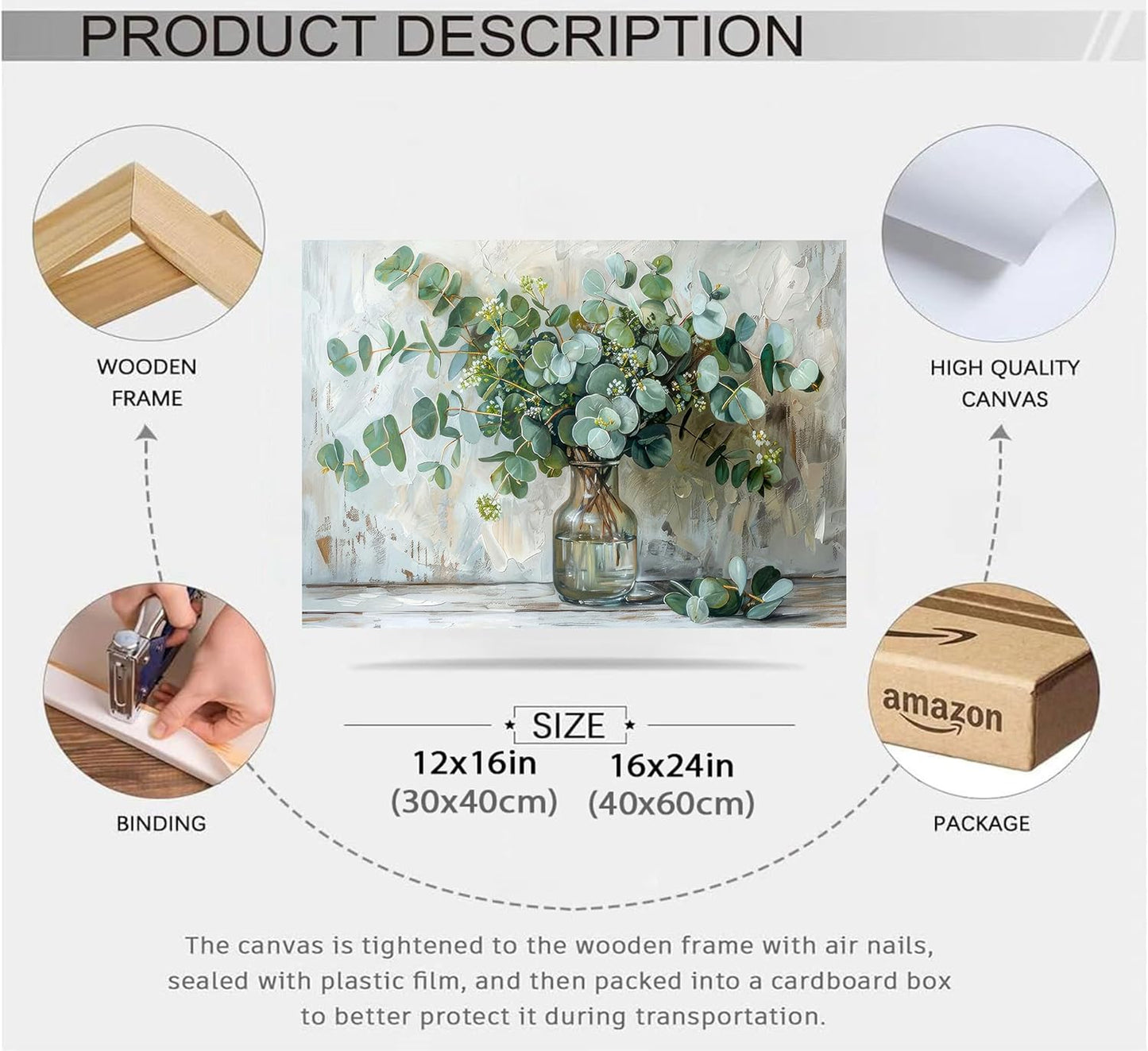 Eucalyptus Flower Glass Vase Canvas Wall Art Bathroom Wall Decor Vintage Farmhouse Botanical Posters Painting Rustic Mason Jar Flower Arrangement Pictures Print for Bathroom Bedroom Decoration Framed