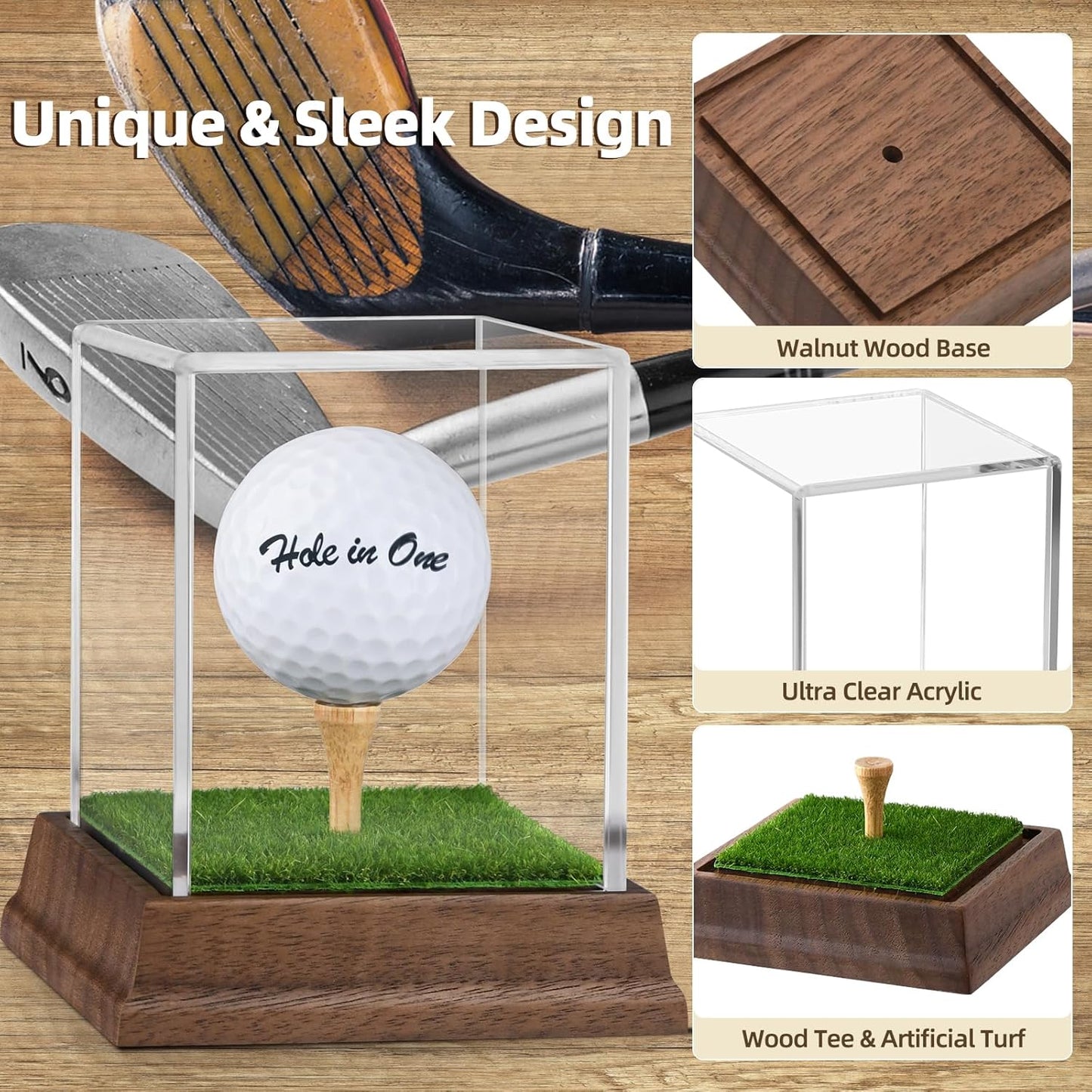 Golf Ball Display Case Hole in One Golf Ball Display Case Holder Wanult Wood Base Acrylic Golf Ball Holder Stand Lifelike Turf Wood Tee Memorabilia Showcase Square Cube Box Stand Golf Gifts Decor