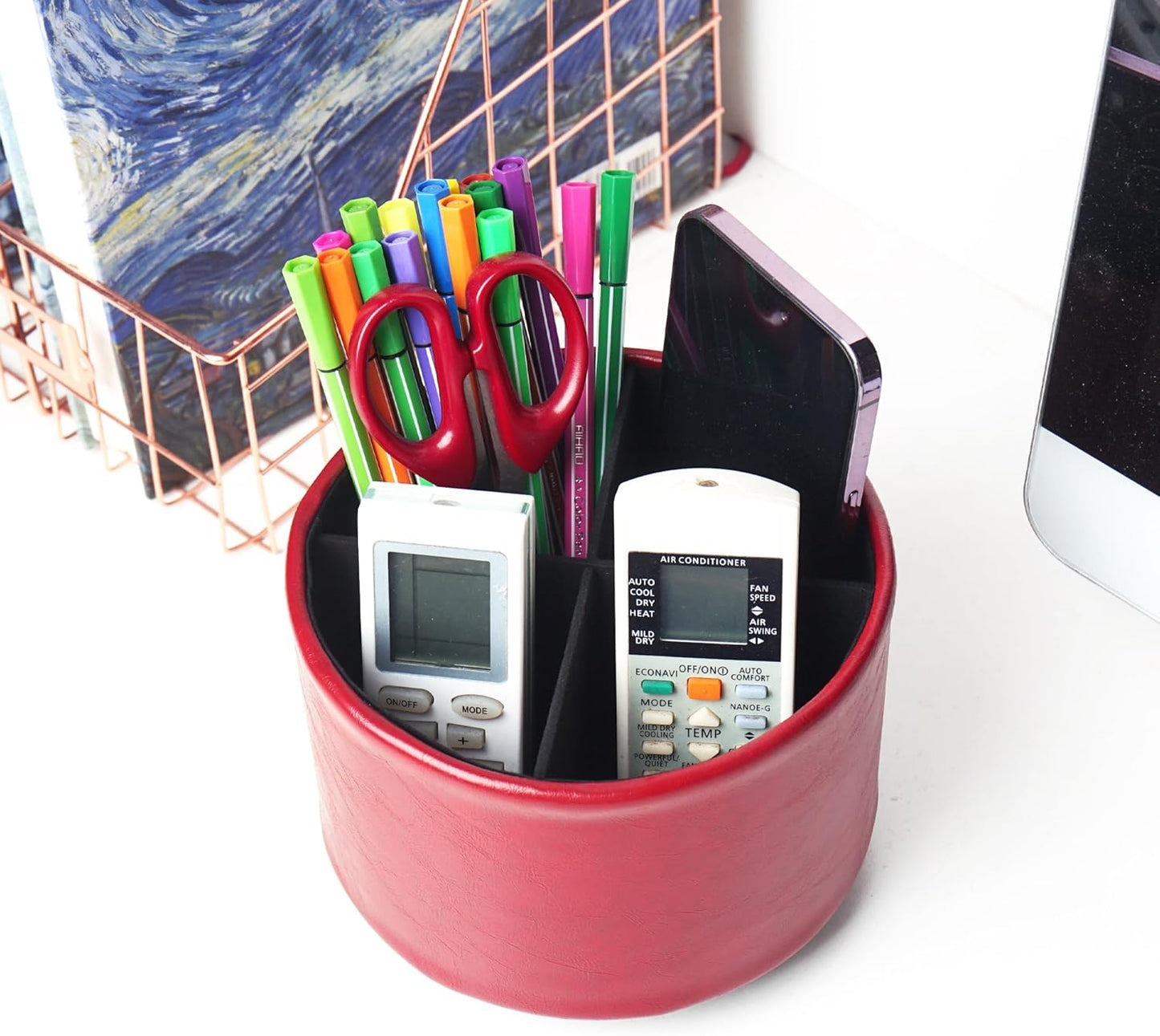 Hennaja Round Leather Art Supply Organizer,Remote Control Holder,360 Degree Spinning,Multi-Functional Pencil Holder,4 Compartments Desktop Stationary Organizer(1-Oil Red)