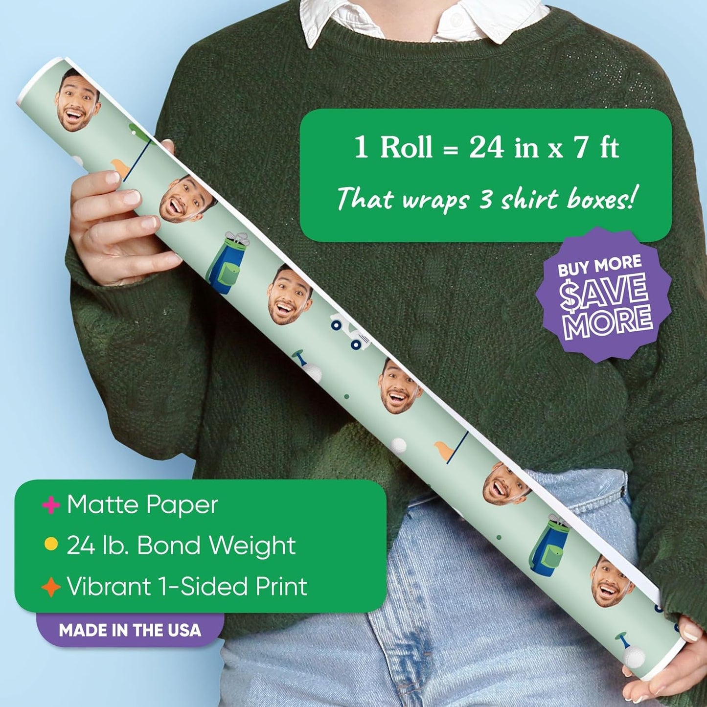 Big Dot of Happiness Custom Photo Golf Wrapping Paper Roll, Sports-Themed Retirement or Birthday Party Decor, Personalized Fun Face Golf Gift Wrap, 24 in x 7 feet, 1 Roll