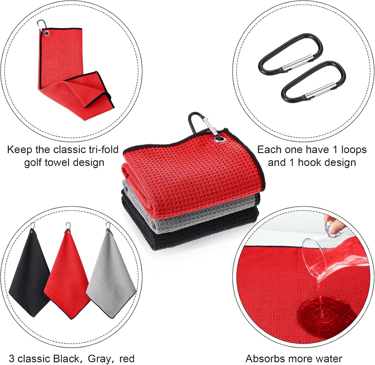 Batiyeer 12 Pcs Golf Towel Bulk for Golf Bags 16'' x 16'' Microfiber Fabric Towel with Clip Waffle Pattern, Fitness, Camping, Hiking, Yoga