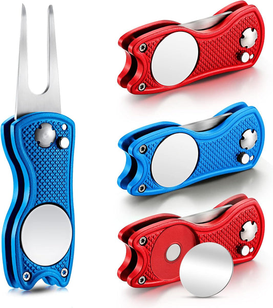 Skylety 4 Pcs Golf Divot Repair Tool Metal Foldable Golf Divot Tool with Magnetic Pop-up Button Ball Marker Stainless Steel Switchblade for Golfers Prizes
