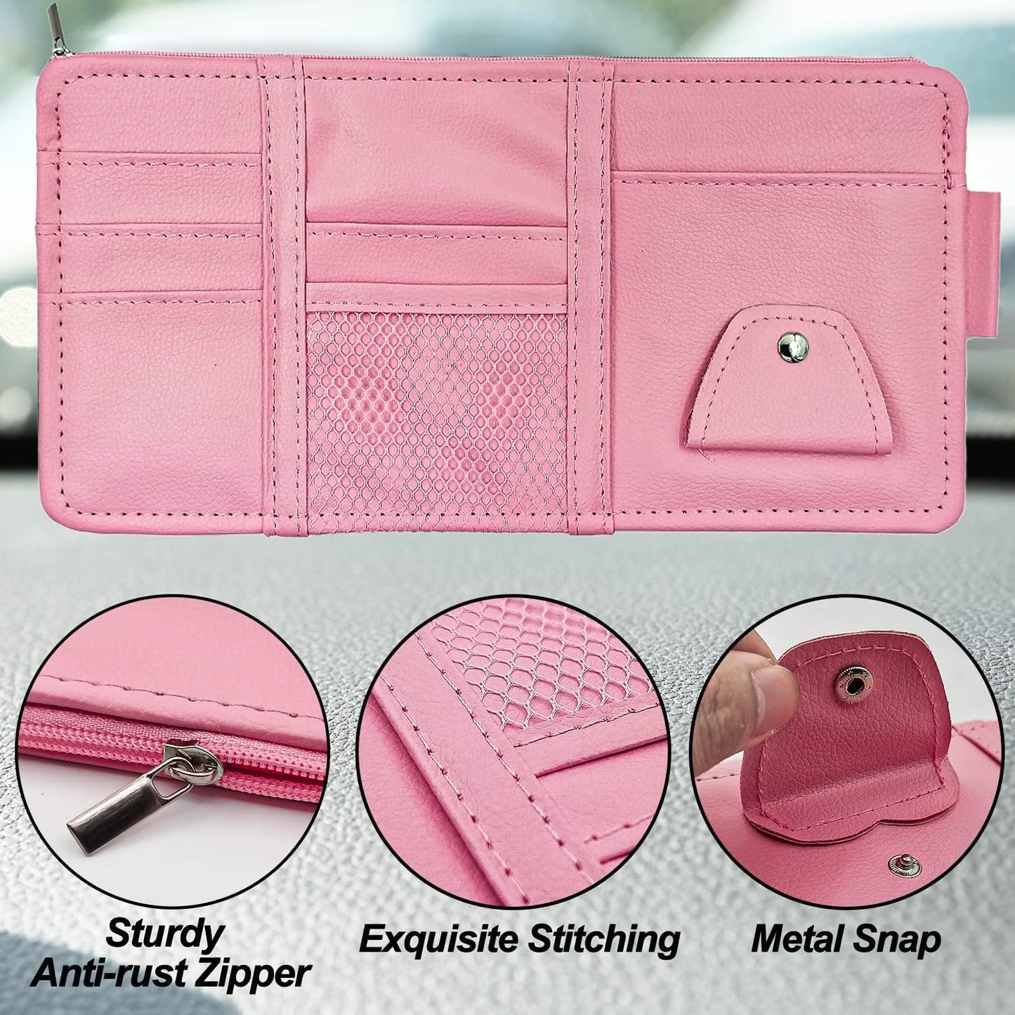 Keedolla 2 Pack Car Sun Visor Pocket Organizer, Auto Interior Accessories Car Truck Visor Organizer Storage Pouch Case Bag for Cards, Pens and Documents - Pink