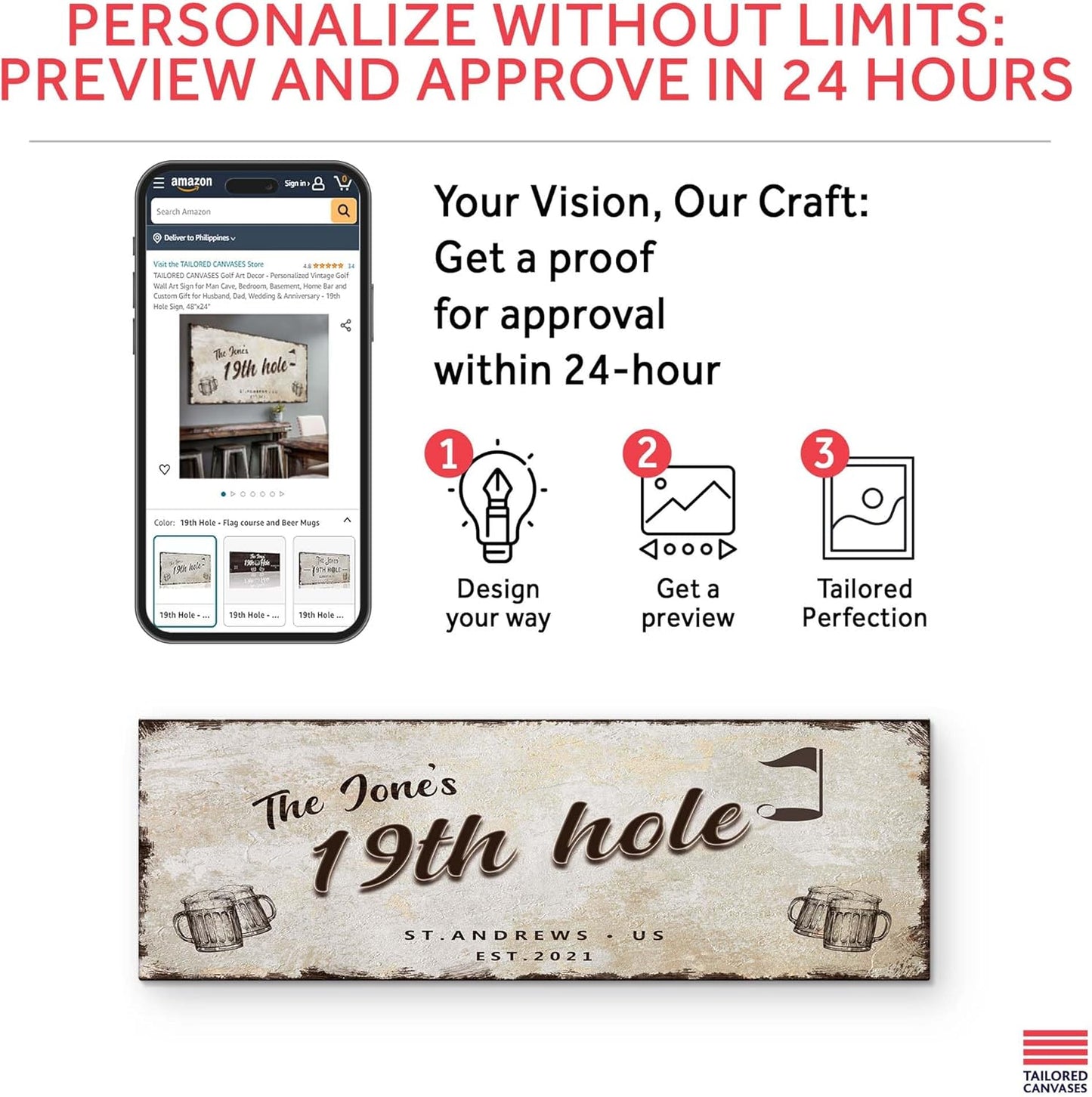 TAILORED CANVASES Golf Art Decor - Personalized Vintage Golf Wall Art Sign for Man Cave, Bedroom, Basement, Home Bar and Custom Gift for Husband, Dad, Wedding & Anniversary - 19th Hole Sign, 48"x16"