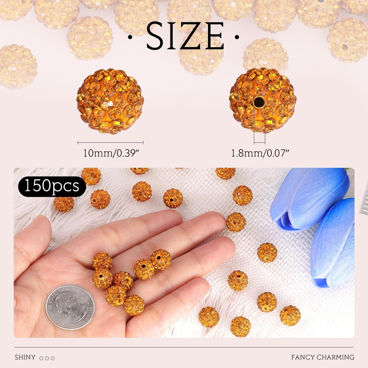 150 pcs 10mm Rhinestone Beads for Jewelry Making, Golden Shiny Round Shamballa Disco Beads Bulk, Sparkle Crystal Clay Christmas for Bracelet Baseball Necklace Earring Crafting and DIY
