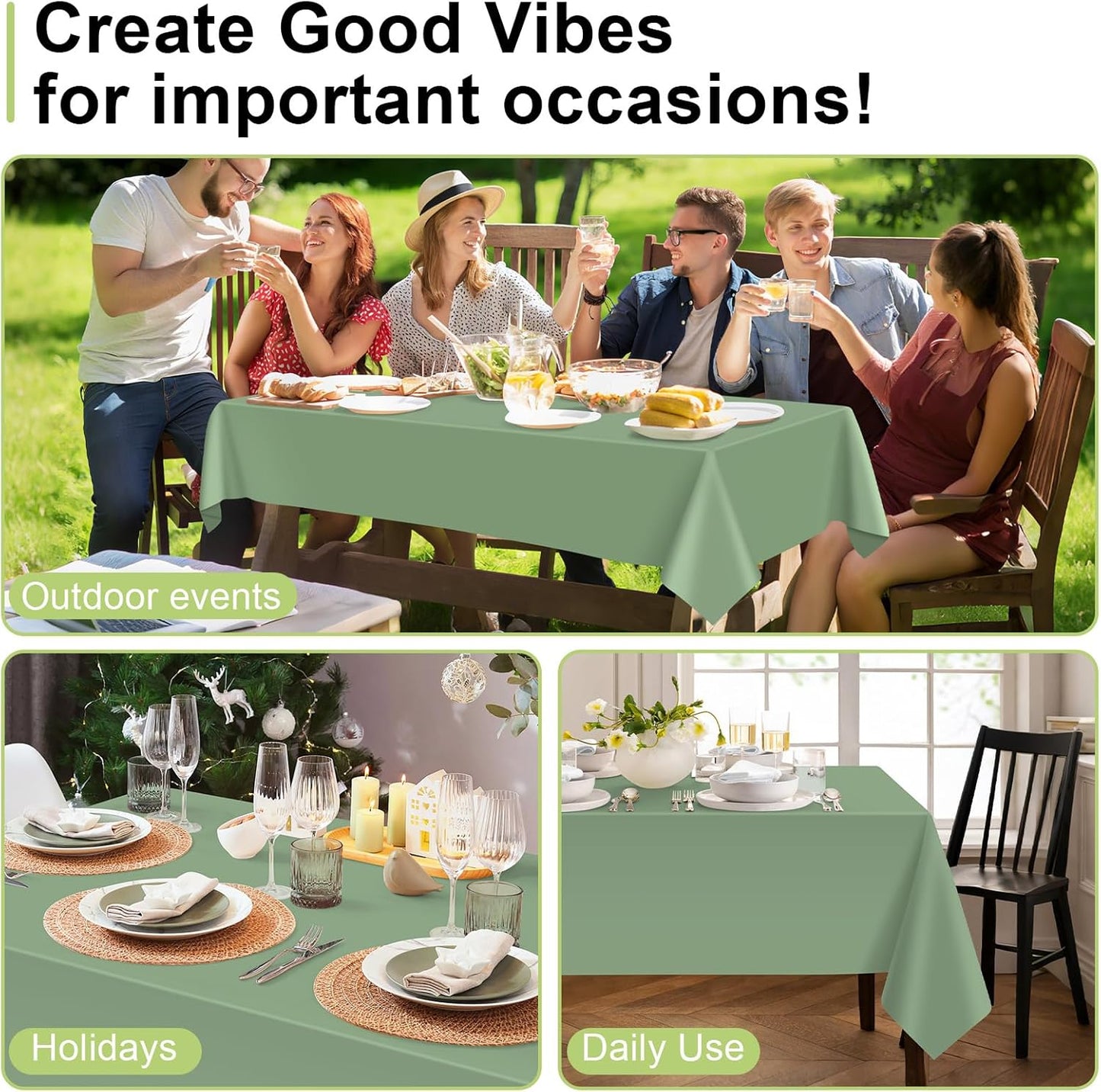 QIKSION Plastic Table Cloth Disposable 6 Pack, 54 x 108 Inch Tablecloths for Rectangle Tables, Sage Green Plastic Table Cover