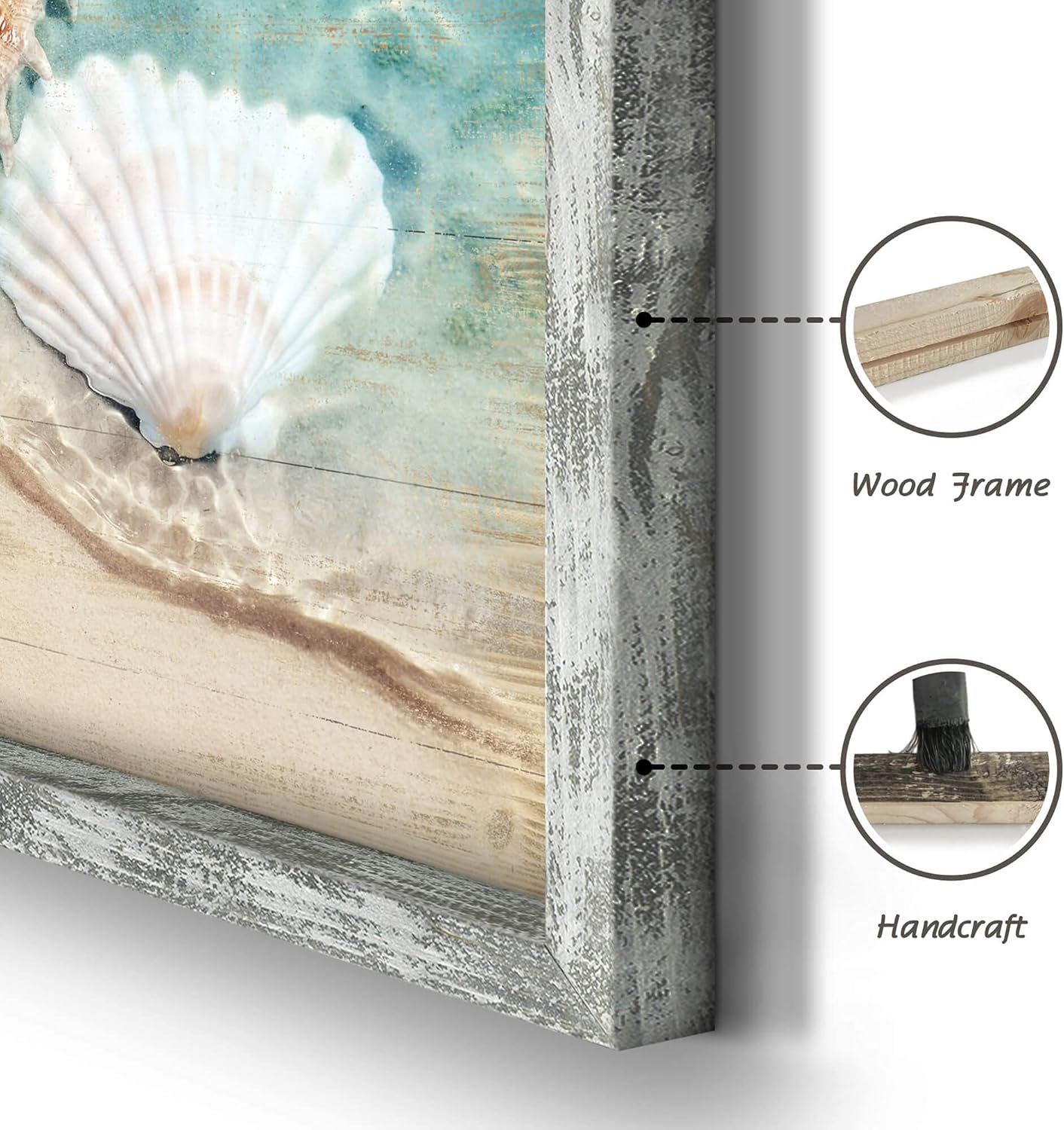 Ocean Pictures Framed Wall Art: Beach Artwork Set of 4 Seashell & Starfish Pictures Prints on Wood Seascape Wall Decor for Living Room
