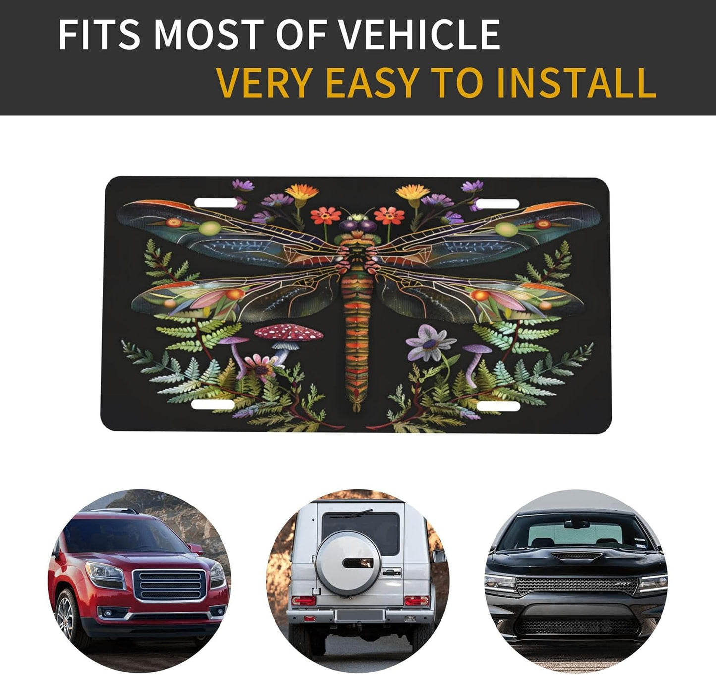 Animal Flower Dragonfly License Plate Funny Aluminum Front License Plates Decorative Waterproof Rust-Free Metal Car Plate Covers for Women Men Car Tag Accessories fit Truck SUV Rv 12 X 6 in