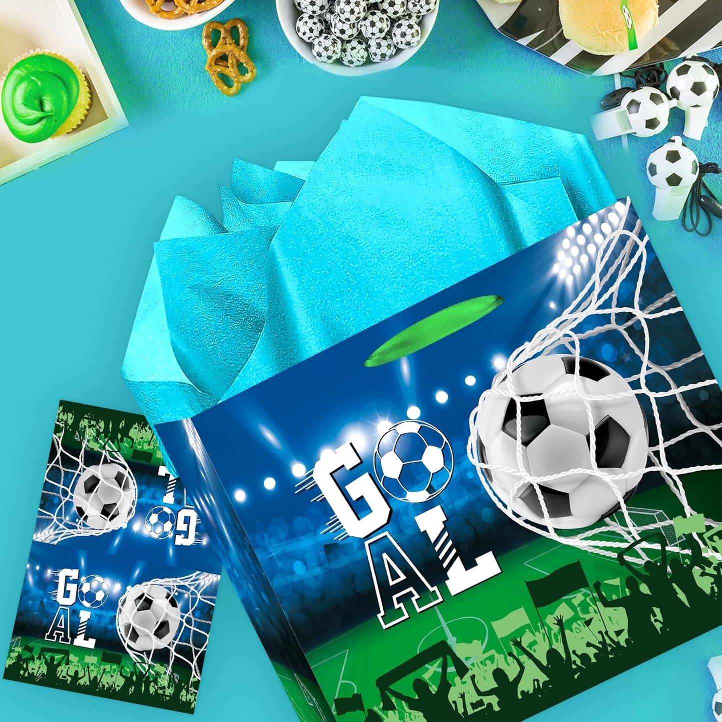 EoBeCy Large Soccer Gift Bag: Goal Wrapping Paper Gift Bags with Handles, Tissue Paper and Greeting Card, Reusable Birthday Gifts for Boys Kids Teens Men Team Sports Party Favor Bags