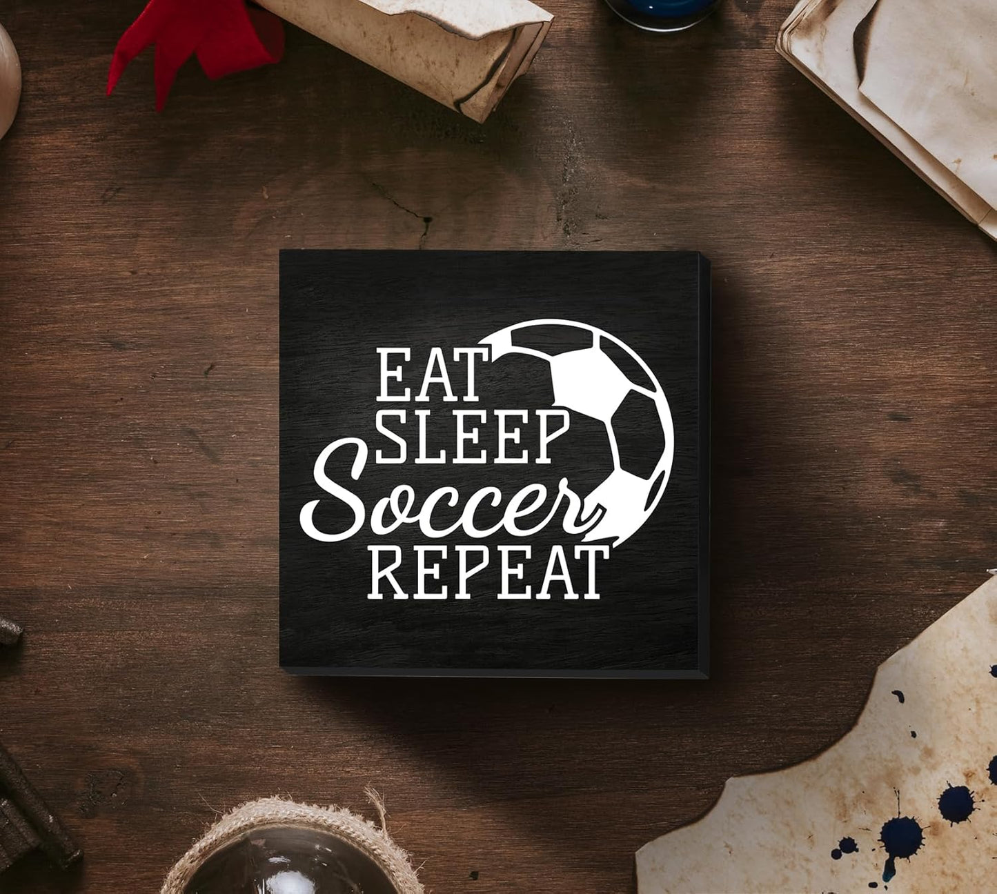 Soccer Decor Sign - Eat Sleep Soccer Repeat, Wooden Box Table Sign for Boys Room, Bedroom Decor, Birthday Party Decorations 5 x 5 Inch
