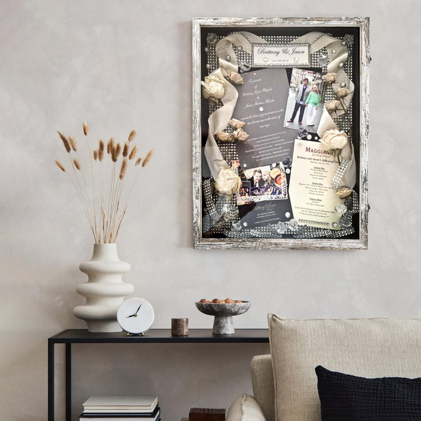 GraduatePro Shadow Box Frame 18x24 Display Case with Linen Back, Plexiglass Window Door with Hinge, Picture Frame Wedding Bouquet Memorabilia Medals Photos Memory Box for Keepsakes Rustic White