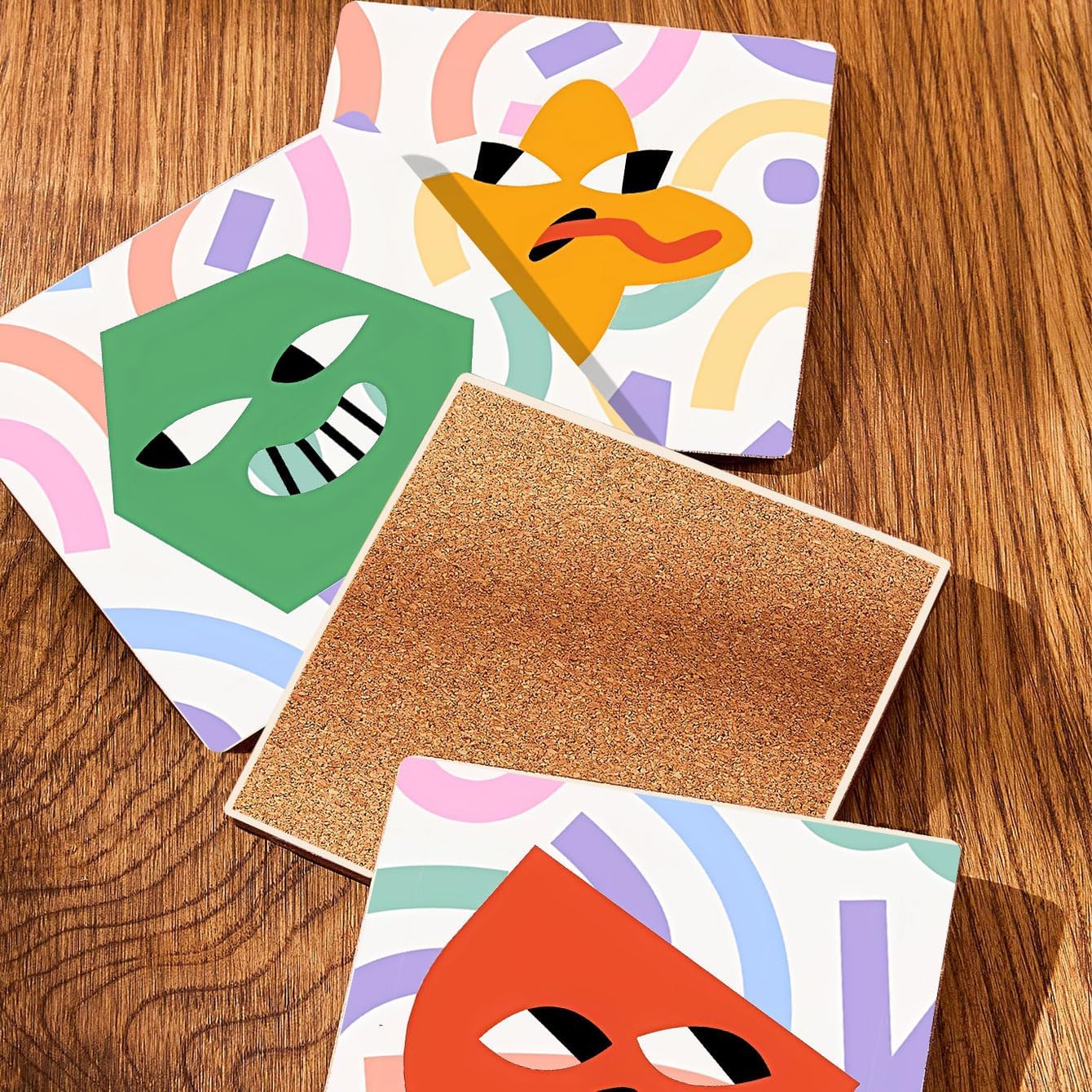 MAYCARI Cartoon Funny Grimace Face Coasters Set of 6 Cork Backed Cute Coasters with Metal Holder Original Ceramic Surface Drink Cup Mats for Tabletop Protection Modern Desk Decoration Birthday Gifts