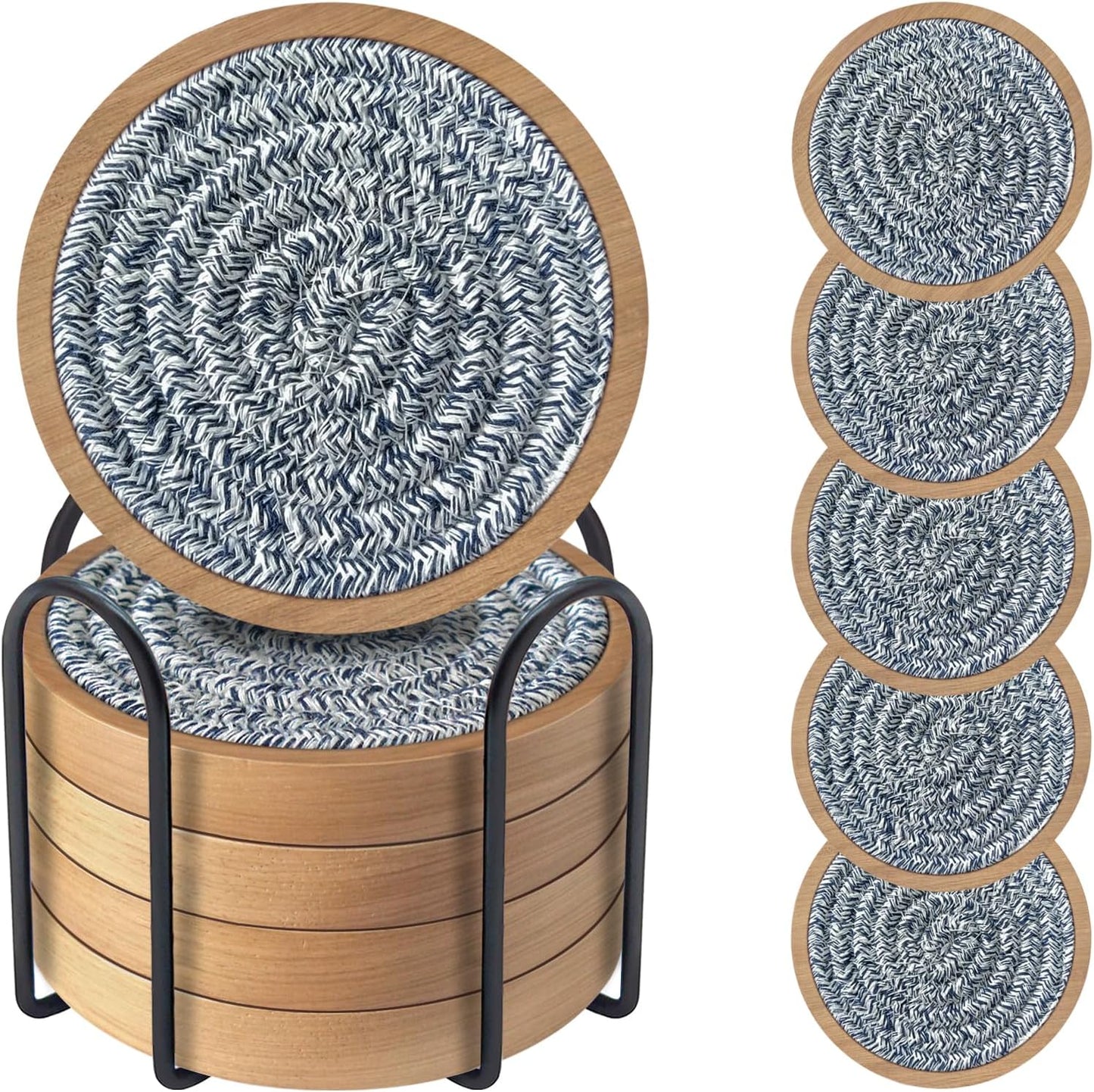 Coasters for Drinks Absorbent Sets of 5, Eykao Woven Coasters with Holder, Housewarming Gift for Farmhouse Home Decor, 4 inches (Mixed Blue)