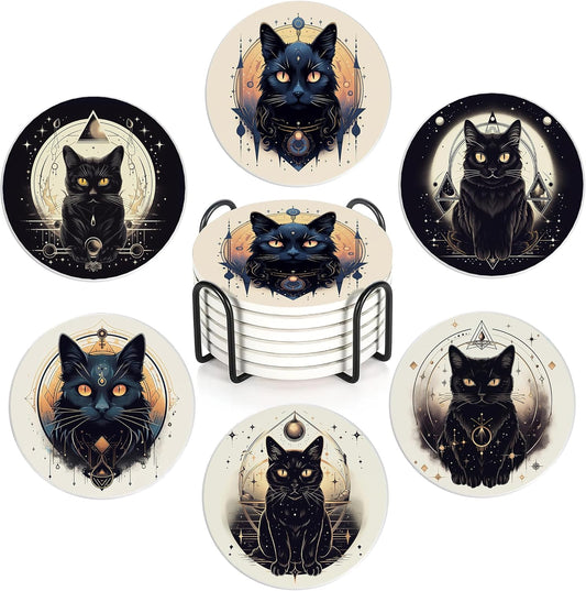 Drink Coasters Set of 6 with Holder, Black Cat Absorbent Ceramic Coasters with Cork Base,Fit All Cups,Great Gift for Housewarming,Room Decor,Bar,Holiday Party