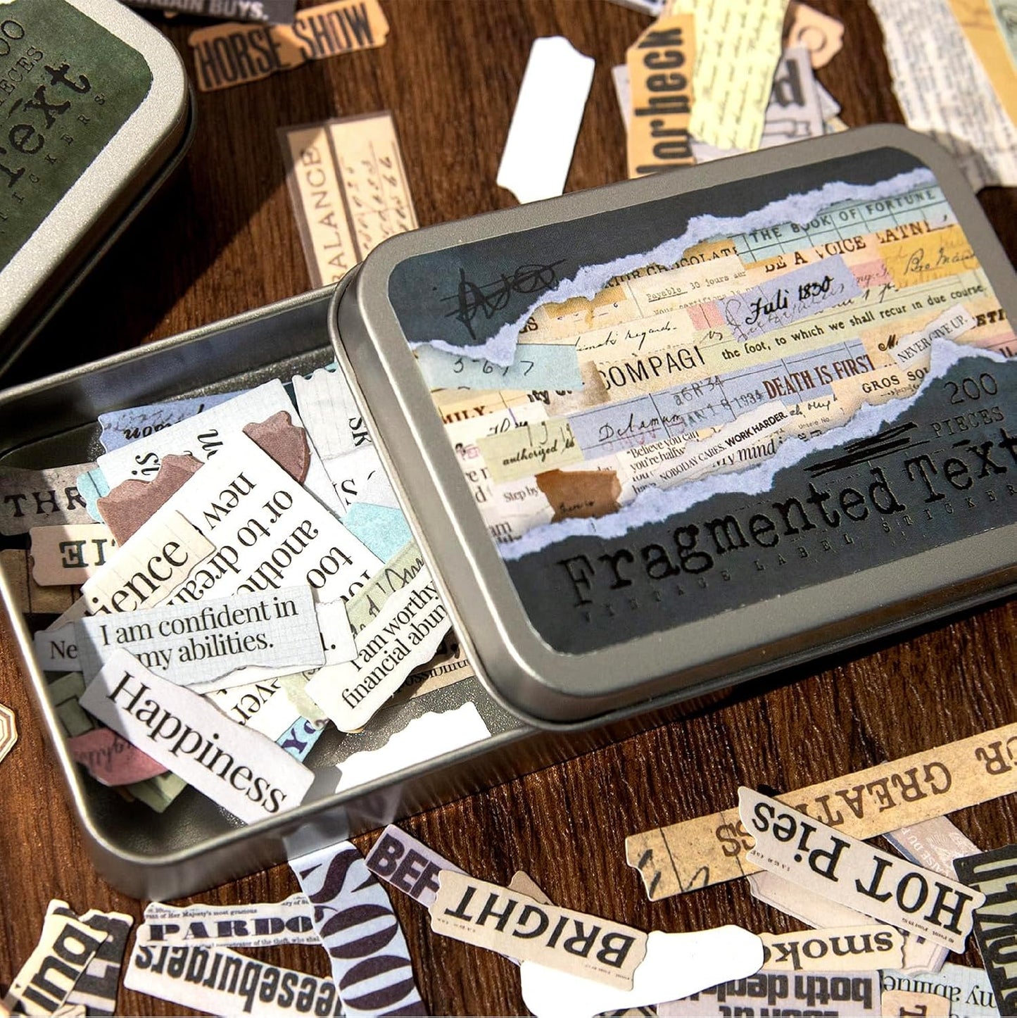 Vintage Fragmented Text Stickers, 400 PCS Washi Ephemera for Scrapbooking, Journaling, Crafting, DIY Projects, Diaries, and Art Supplies - 2 Iron Boxes Included