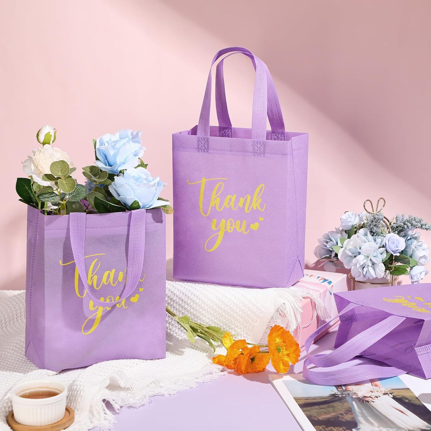 Sweetude 30 Pcs Thank You Gift Bags with Handles Bulk Reusable Goodie Bag Non Woven Foldable Handbag for Graduation Wedding Bridesmaid Gifts(10 x 8 x 4 Inch,Purple)