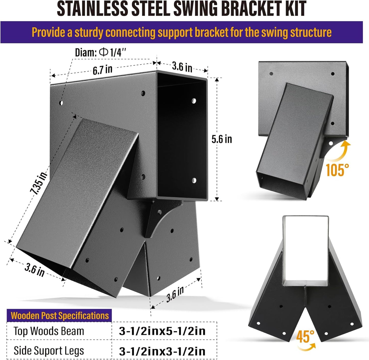 Hulave 2pcs A-Frame Swing Set Brackets, 201 Stainless Steel Swing Bracket Kit with Mounting Accessories(Black)