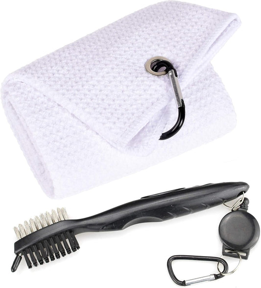 Mile High Life Golf Towels - Microfiber Waffle Pattern Tri-fold, Brush Tool Kit with Club Groove Cleaner with Retractable Cord and Clip, for Men Women, Golf Gift