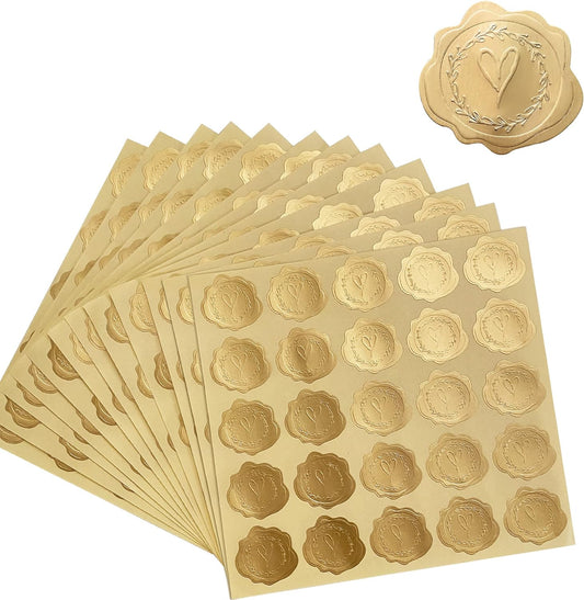 300pcs Gold Embossed Wax Seal Looking Heart Envelope Seals for Wedding Invitations/Greeting Cards/Party Favors, Self-Adhesive