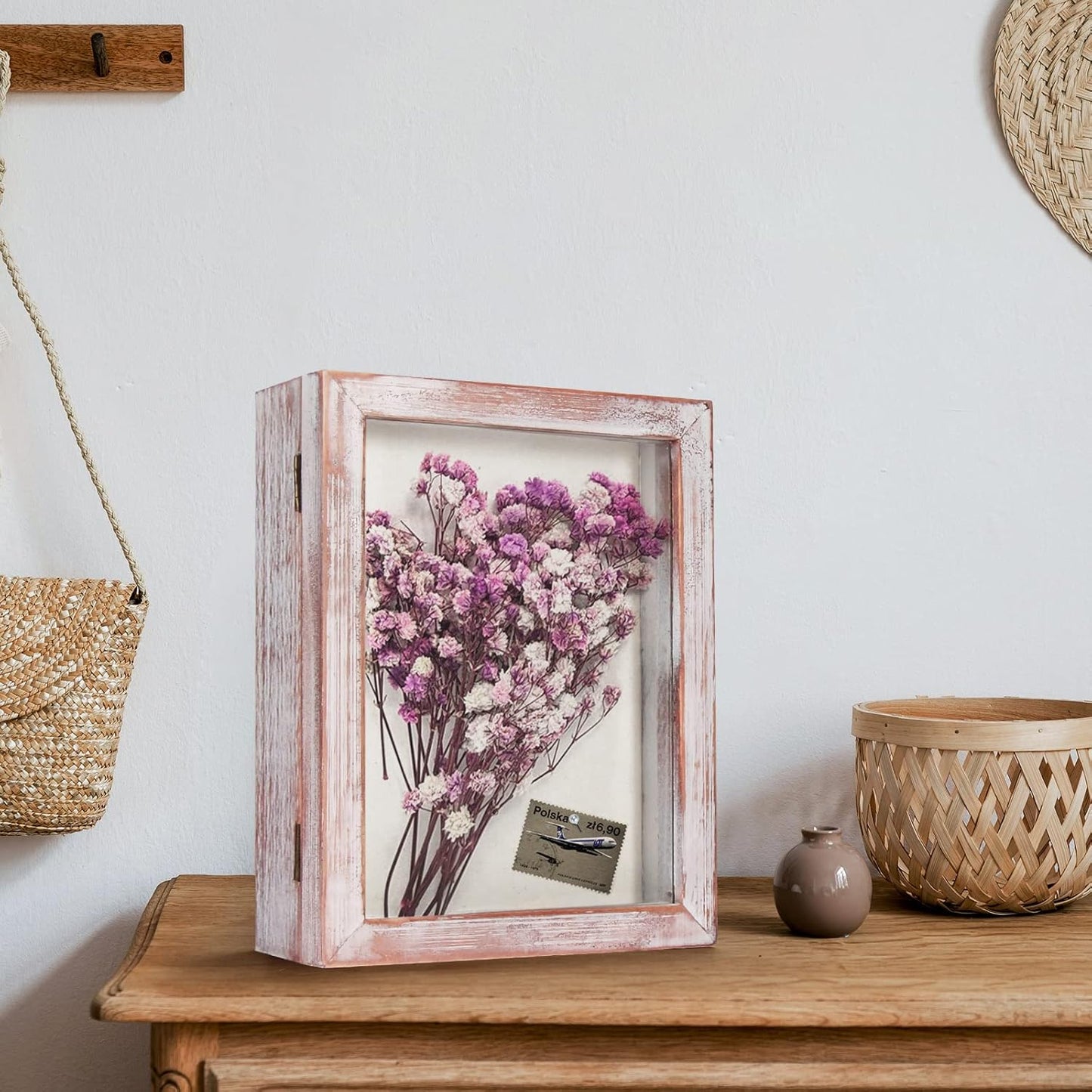 TJ.MOREE Shadow Box Frame 8 x 10 Flower Shadowbox Display Case Picture Frame with Linen Back Memorabilia Bouquet Medals Military Photos Memory Box- White Pink