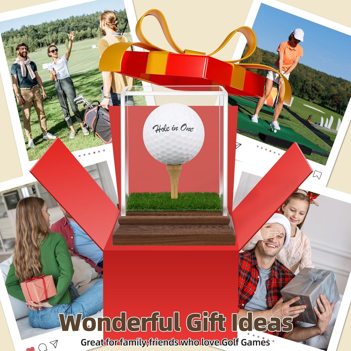 Golf Ball Display Case Hole in One Golf Ball Display Case Holder Wanult Wood Base Acrylic Golf Ball Holder Stand Lifelike Turf Wood Tee Memorabilia Showcase Square Cube Box Stand Golf Gifts Decor