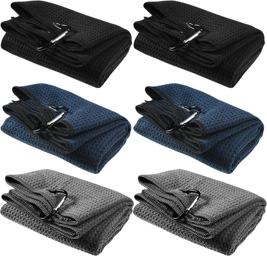 Cindeer 6 Pack Large Golf Towels, 16" x 24" Tri-fold Golf Towels, Microfiber Fabric Waffle Pattern Golfing Towel Portable with Heavy Duty Clip for Golfing Bag Remove Sand Dirt Mud Sweat(Dark Color)