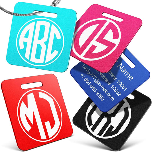 Personalized Monogram Luggage Tags for Suitcases - Metal Engraved Custom ID Luggage Name Tag Pink Black - School Bag Backpack Tags for Kids Women Golf Sport Baggage Travel Essentials