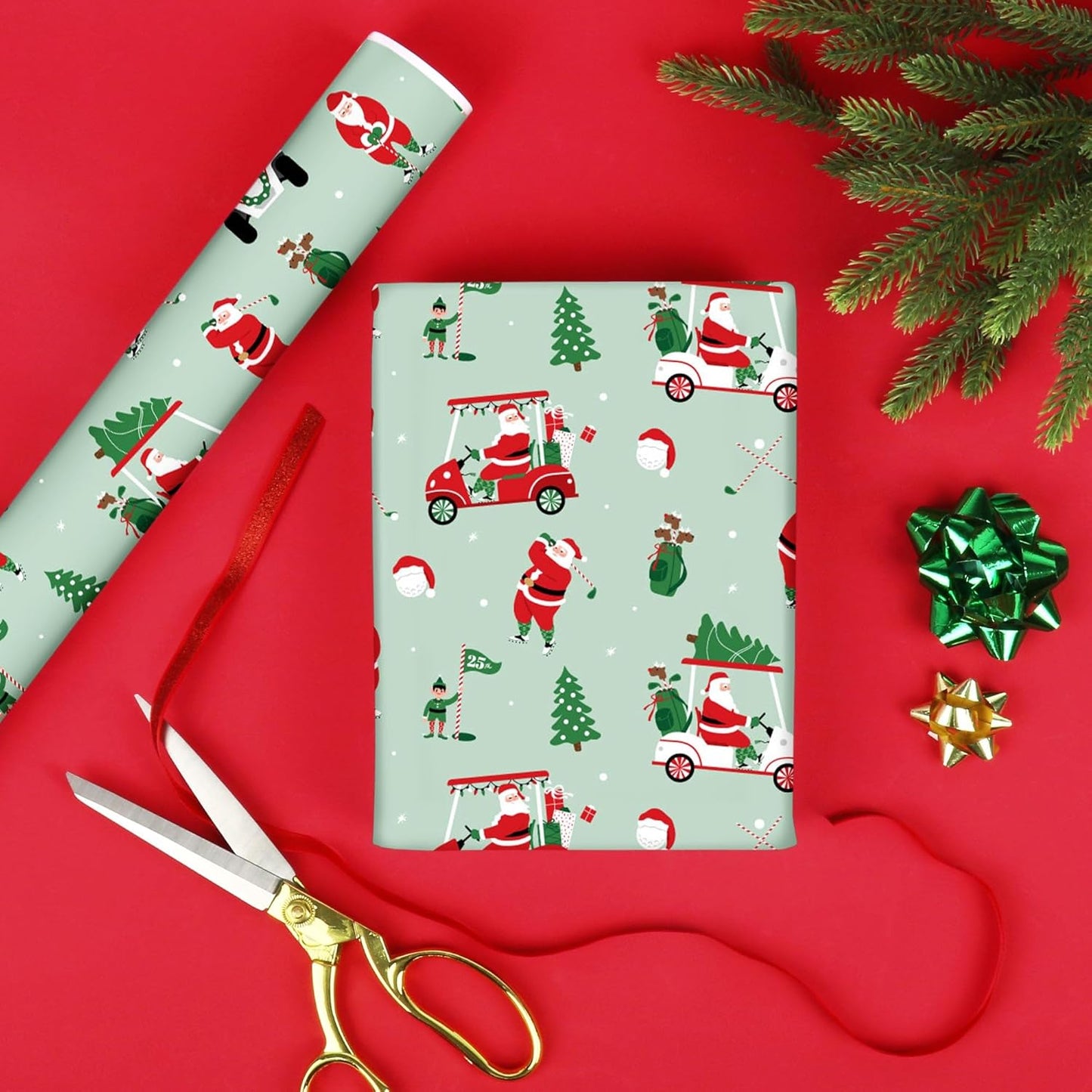 Big Dot of Happiness Golfing Santa Wrapping Paper, Golf Christmas Holiday Gift Wrap Roll, Funny Santa Christmas Gift Paper, 24 in x 7 feet, 1 Roll
