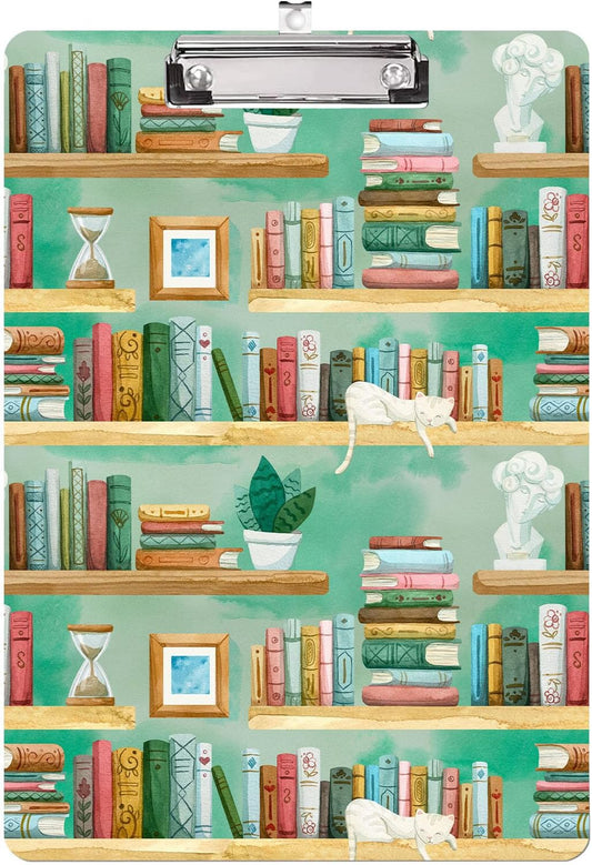 Cat Bookshelves Clipboard,Decorative Acrylic Clipboard with Low Profile Metal Clip for Office,School,Teachers,Students Standard Letter Size 9x12.5