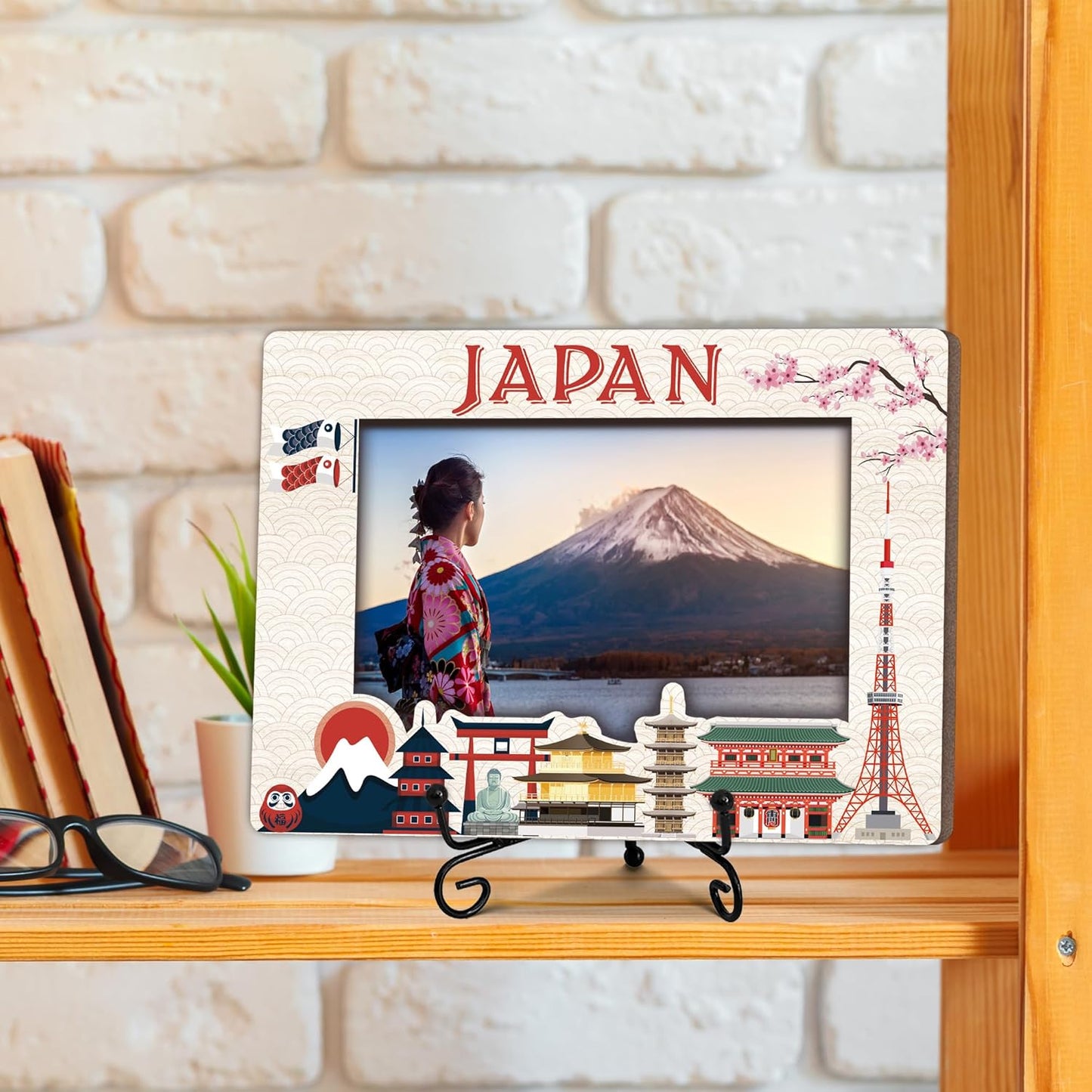 Japan Travel Picture Frame, 5 x 8 Japan Themed Wooden Photo Frame with Stand, Vacation Anniversary Honeymoon Gifts For Friend Family Couples, Home Office Desk Decorations-A06