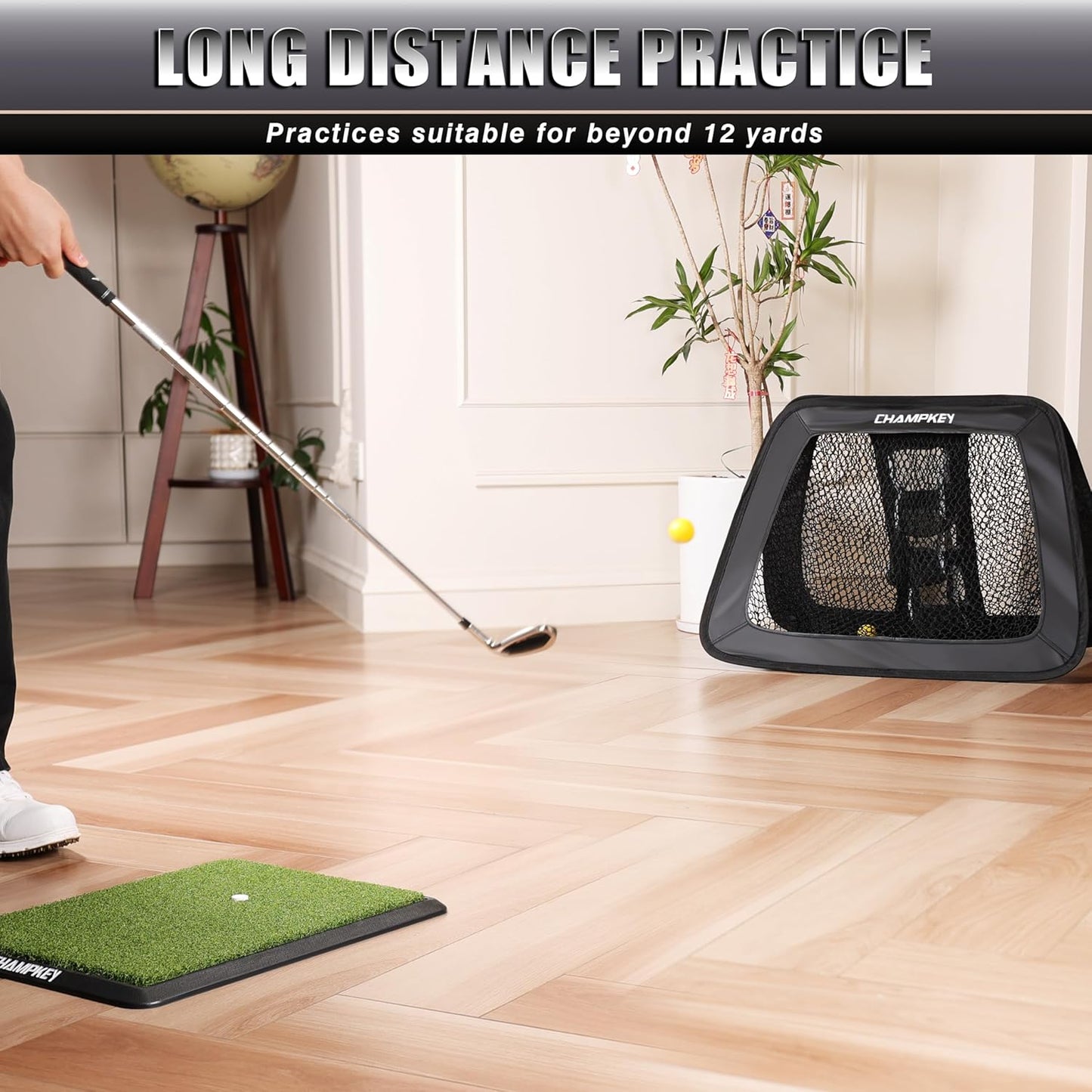 CHAMPKEY Double -Sided Golf Chipping Net with Mat and 12 Foam Balls - Professional Golf Practice Net Ideal for Indoor and Outdoor Training