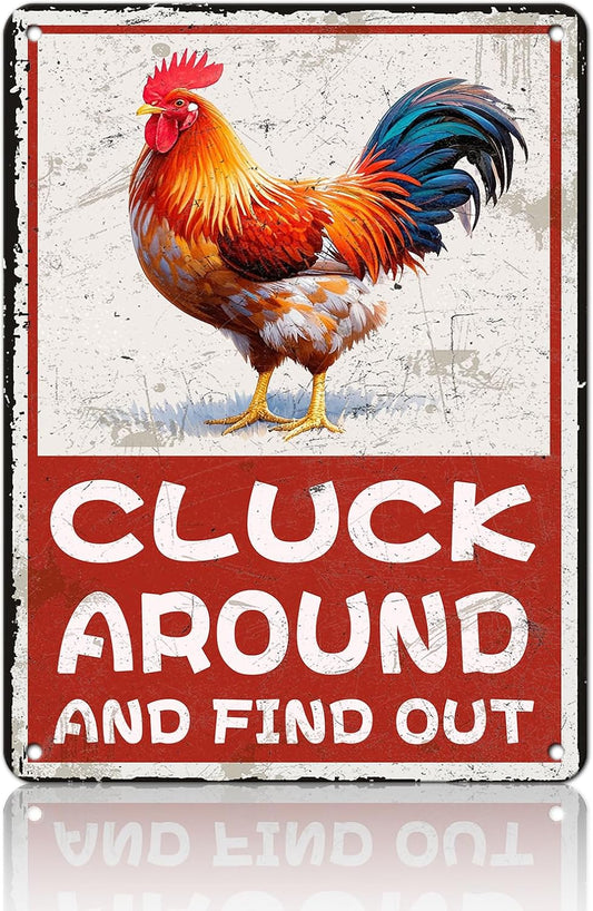 Cluck Around And Find Out Humorous Chicken Metal Tin Sign 12x16 Inch Farm Warning Poster Chicken Farm Tin Sign Home Kitchen Garden Cafe Office Shop Are Wall Decor