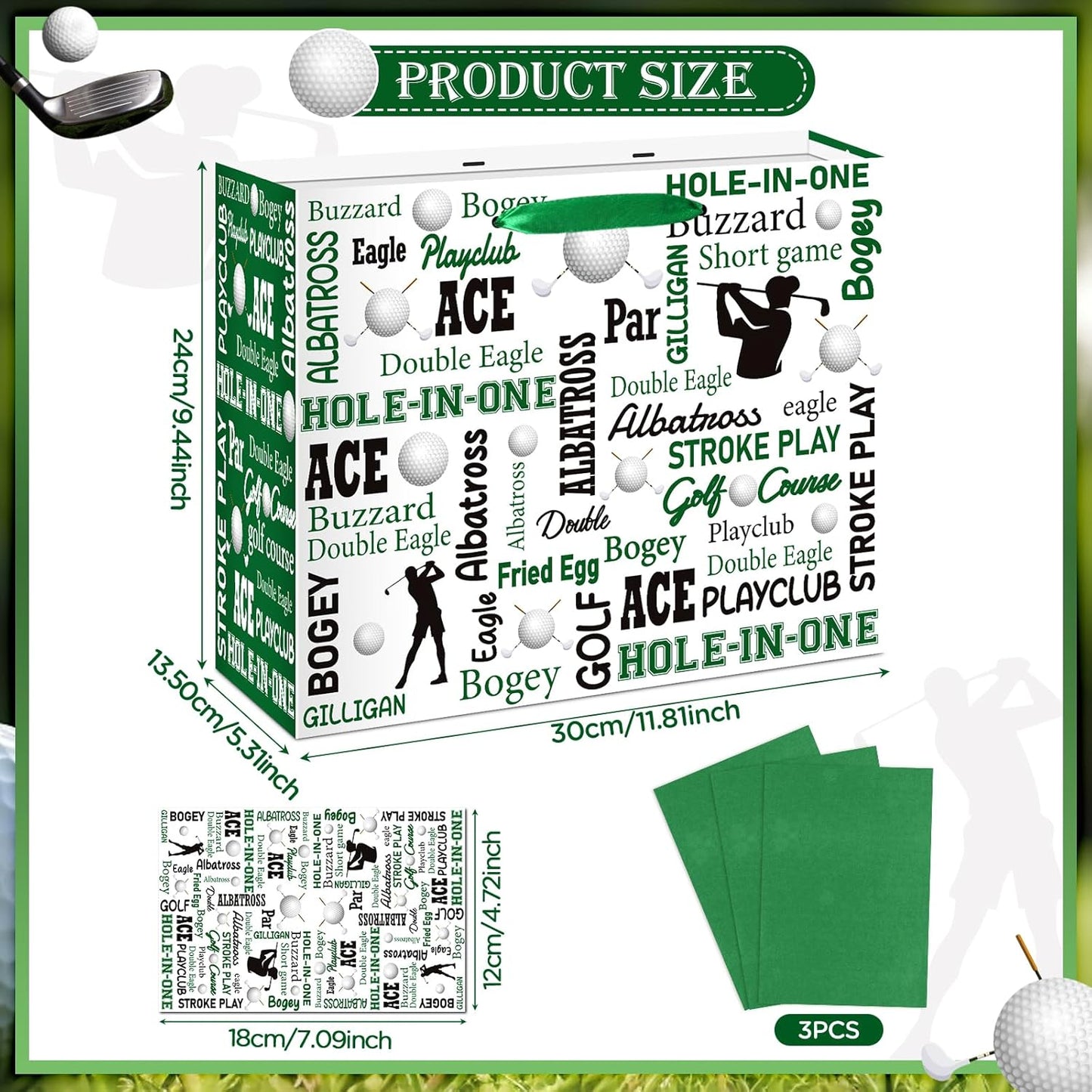 Golf Party Gift Bag, Large Golf Gift Wrap Bag with Tissue Paper Greeting Card Decorations for Sports Party Favors Golf Ball Themed Birthday Goodie Gifts Treat Wrapping Bags for Kids Men Team Supplies