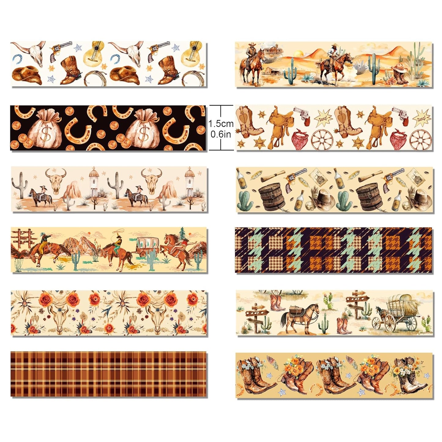 12 Pcs Western Cowboy Washi Tape Western Cowboy Masking Tape Western Cowboy Pattern Decorative Paper Sticker for Western Cowboy Party Holiday Scrapbook DIY Craft Gift Wrapping Handbook Sticker
