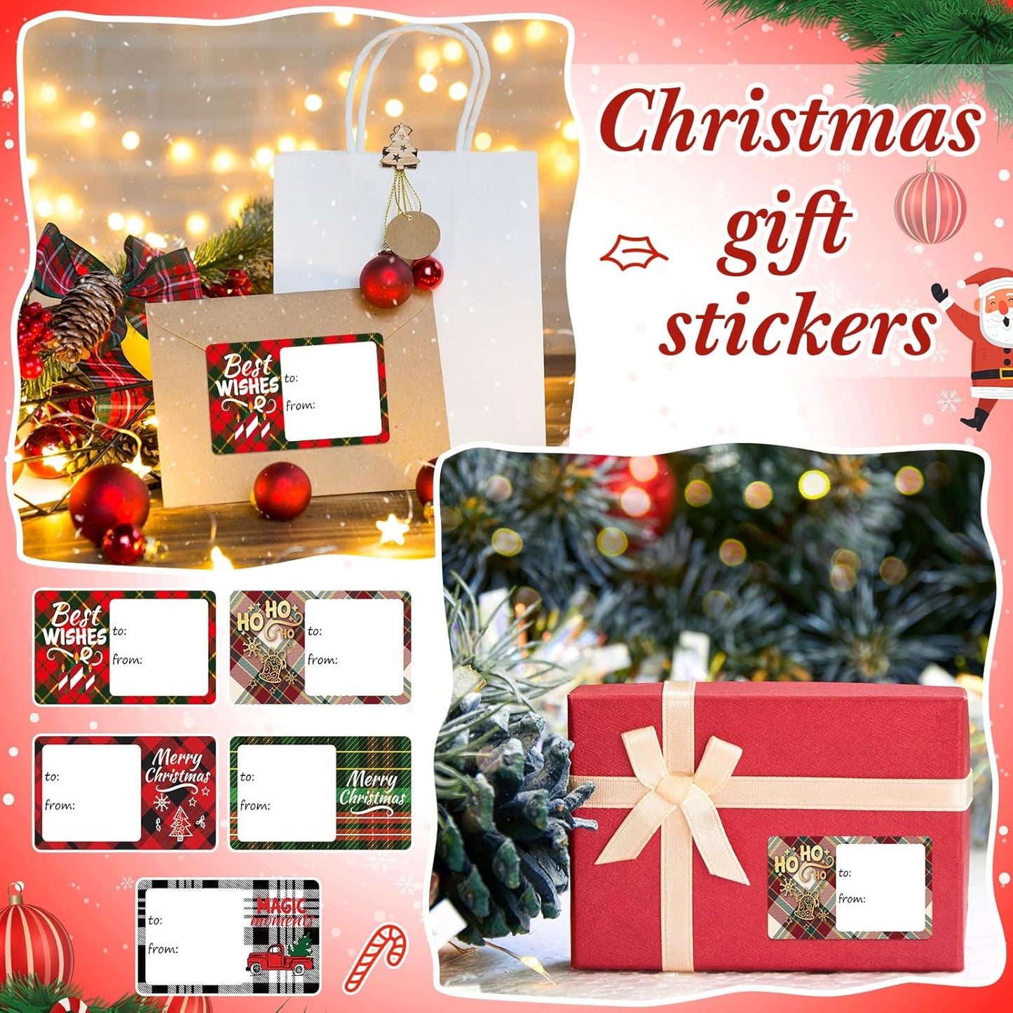 Outus 500 Pieces Christmas Tags Self Adhesive Gift Tags for Xmas Presents Christmas Name Labels Stickers for Wrapping Paper Festival Birthday Holiday Decor(Checkered Style,2.76 x 1.57 Inch)