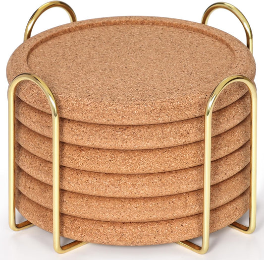 Cork Coasters for Drinks with Metal Holder, GOH DODD Absorbent Blank Coasters Tabletop Protection Home Decor for Housewarming Gifts Wedding Laser Engraving Wood Burning, Set of 6, Round, 4 Inch