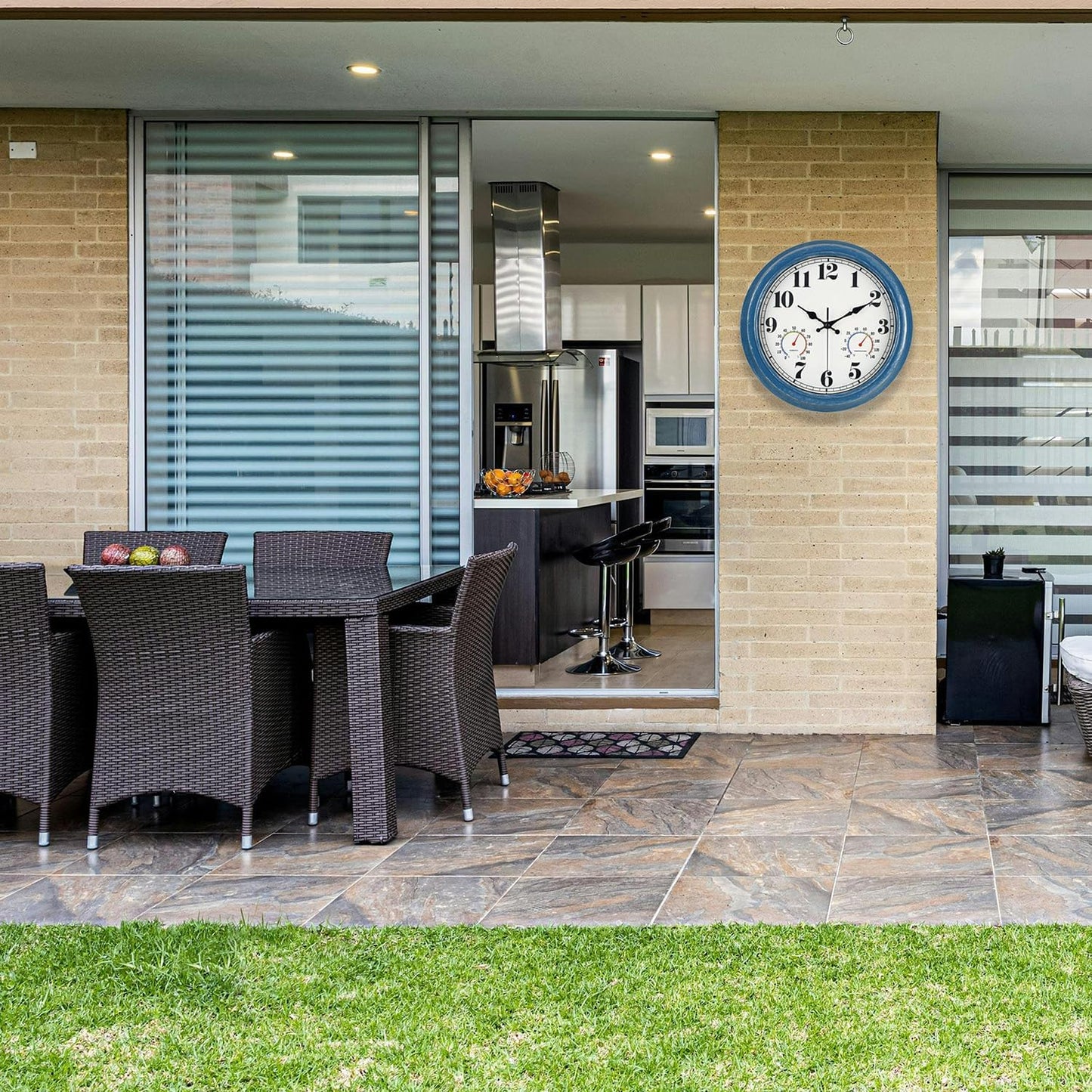 JENLYSTIME 13 Inch Outdoor Clock, Waterproof and Silent, with Thermometer and Hygrometer, Large Numbers for Easy Reading, Perfect for Home,Office,Bedroom,Kitchen,Porch,Garden,Pool(Blue)