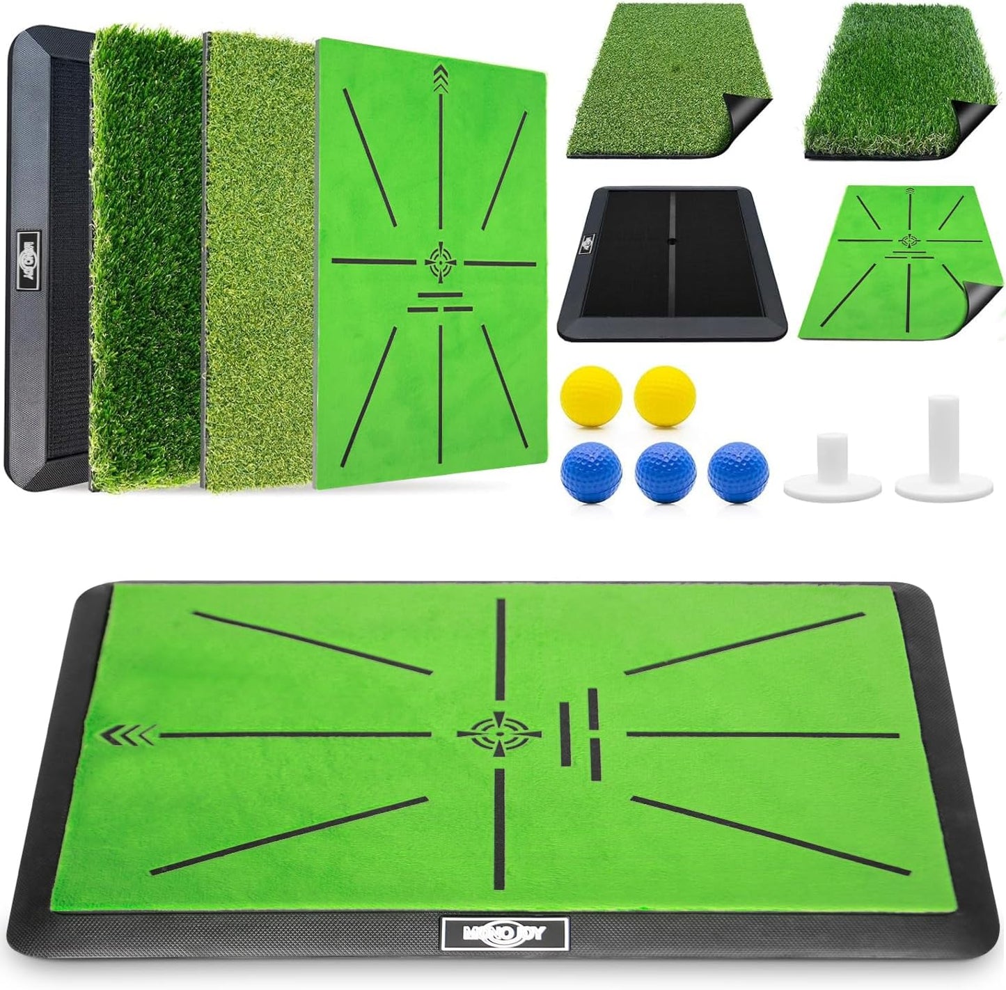 MONOJOY Golf Hitting Mats with Golf Tees Practice Indoor 3 Pcs Replaceable Outdoor Golf Putting Chipping 16"x12" Artificial Dual Turf Training Mats Velvet Practice with No-Slip Heavy Duty Rubber Base