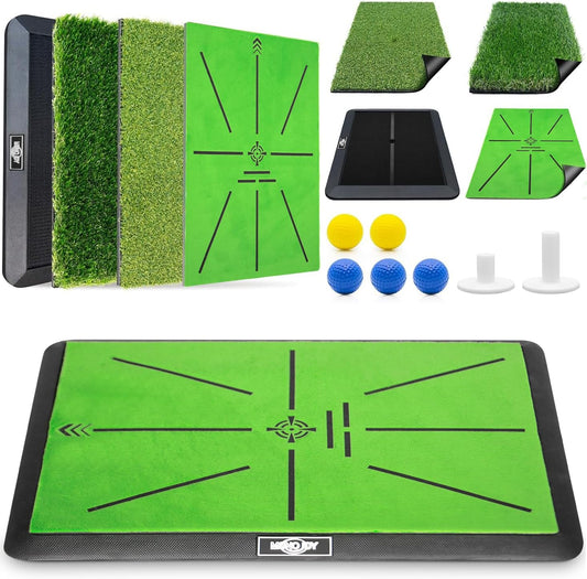 MONOJOY Golf Hitting Mats with Golf Tees Practice Indoor 3 Pcs Replaceable Outdoor Golf Putting Chipping 16"x12" Artificial Dual Turf Training Mats Velvet Practice with No-Slip Heavy Duty Rubber Base