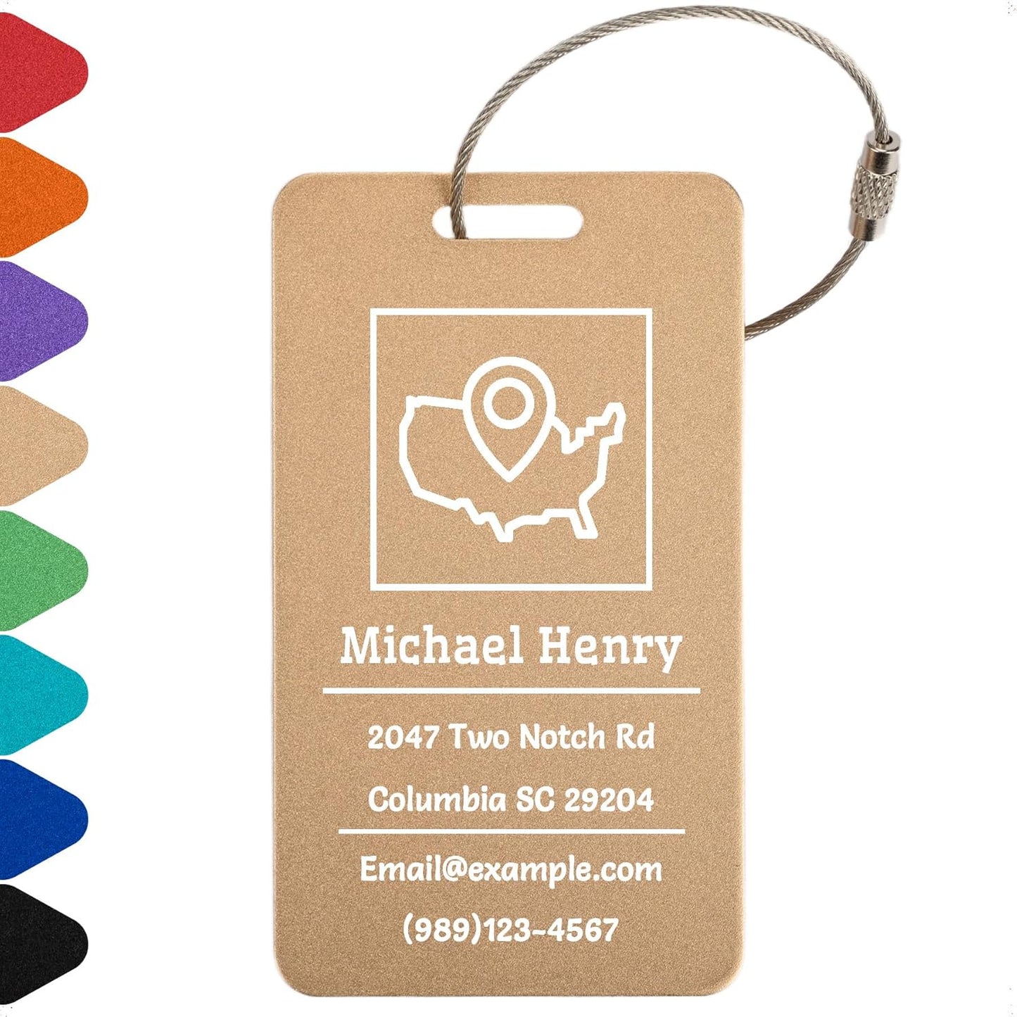 Personalized Luggage Tags for Suitcases Custom Metal Name Tags for Backpacks Bags Travel - Vertical (Gold)