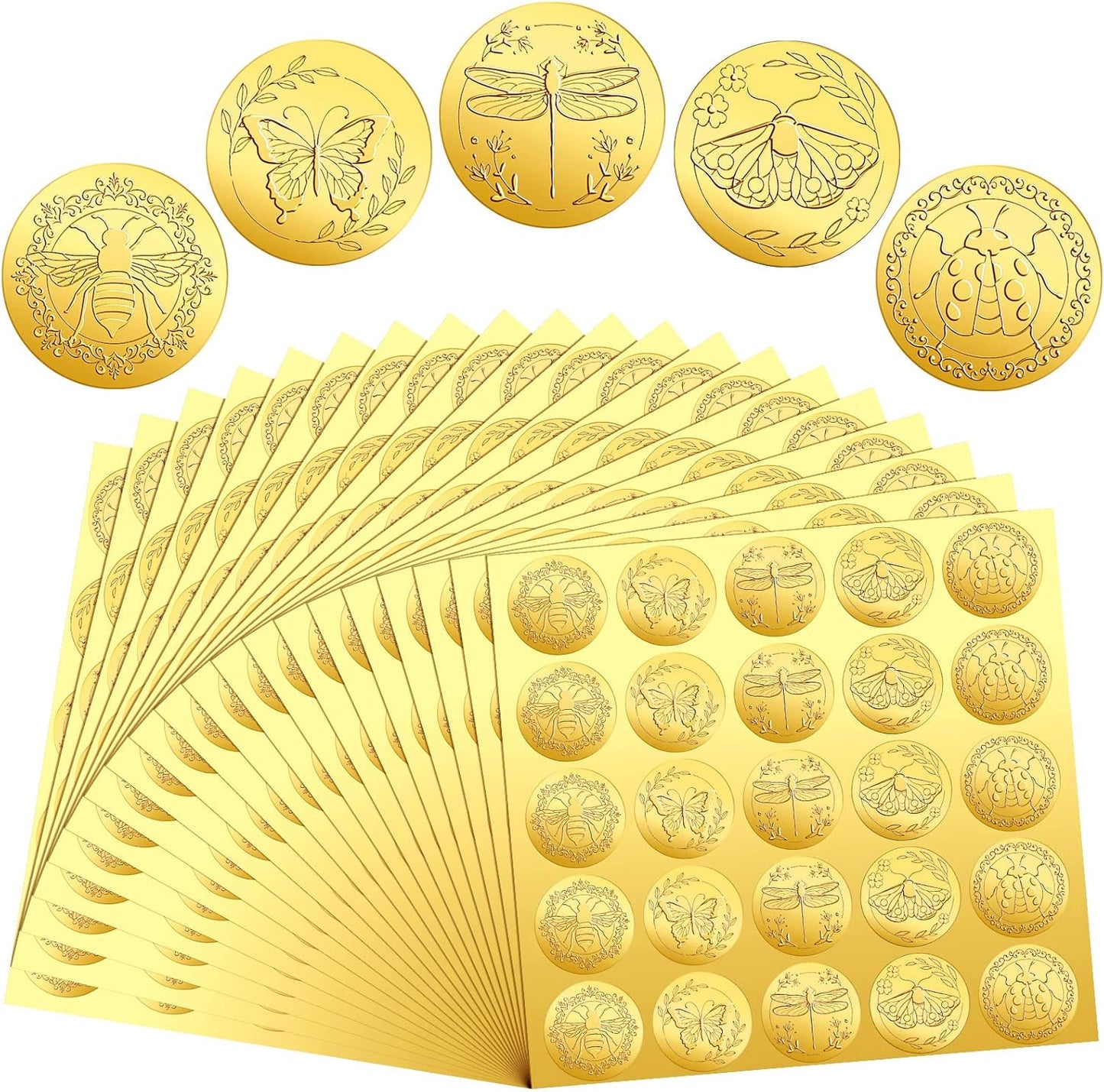 Chinco 500 Pieces Gold Embossed Envelope Seals Stickers Adhesive Seal Stickers Vintage Embossed Foil Certificate Kit Plant DIY Labels for Wedding Invitations Envelopes, 5 Patterns(Insect Style)