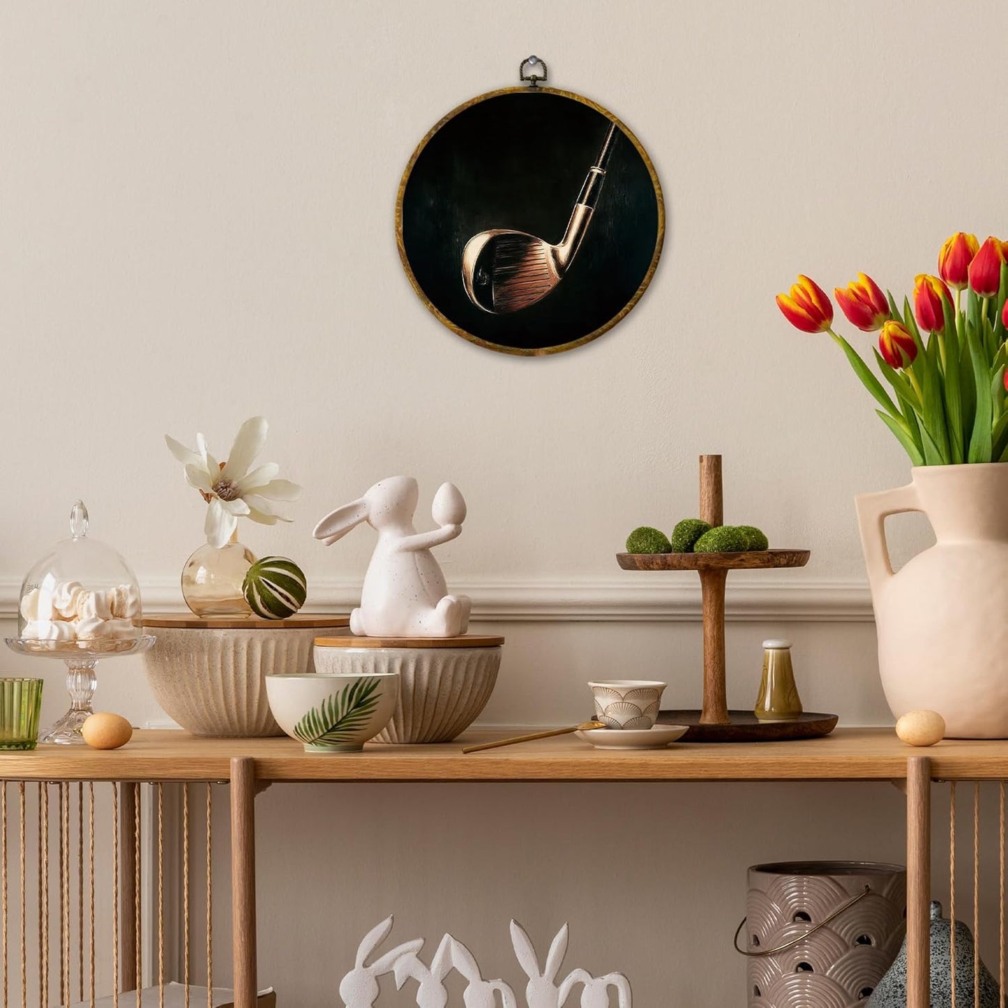 Vintage Golf Wall Art Decor, Golf Lover Gifts Framed Canvas Prints 10x10, Rustic Retro Classic Black Gold Golfing Pole Round Wall Hanging Artwork Decorations for Home Bedroom Gym Man Cave