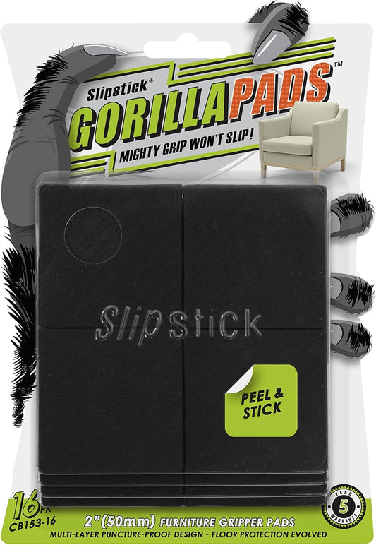 Slipstick GorillaPads Non Slip Furniture Pads/Gripper Feet Floor Protectors (Set of 16) Premium 2 Inch Square Self Adhesive Rubber Pads for Furniture Legs, Black, CB153-16