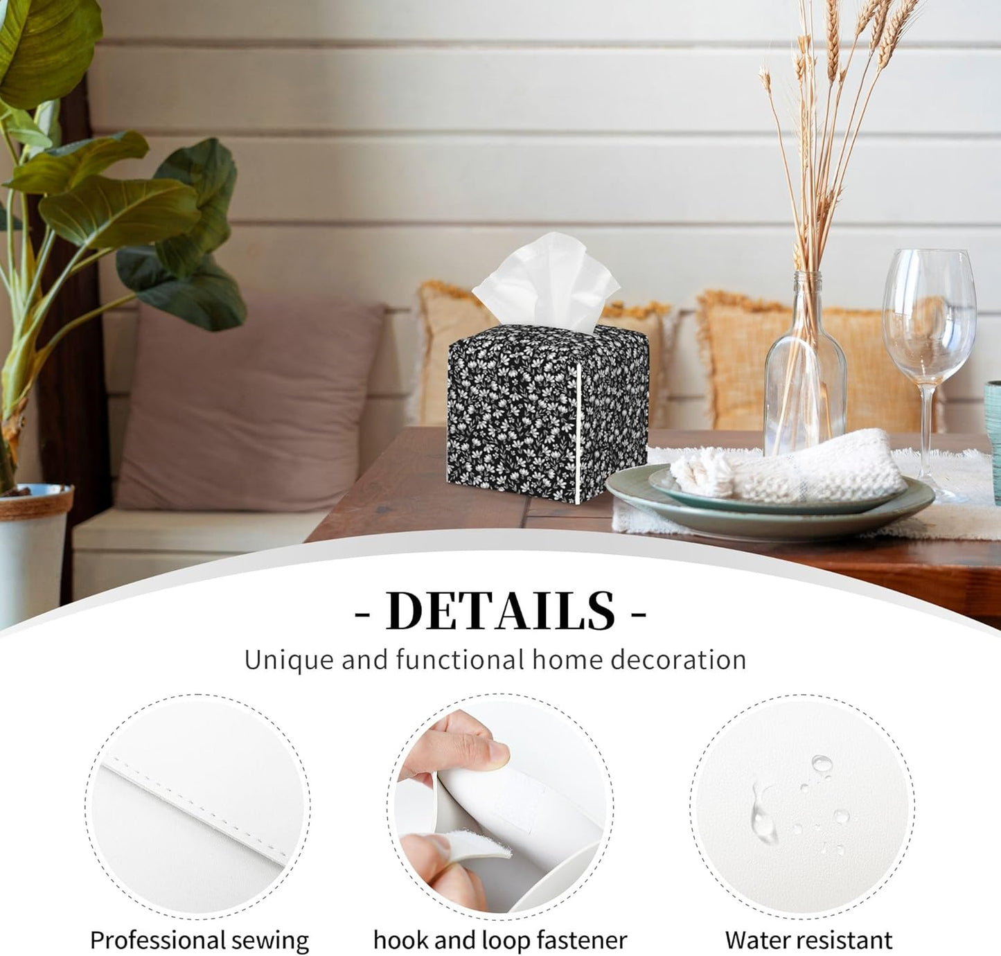 Leather Tissue Box Holder Black and White Flowers Tissue Box Cover Square Waterproof Tissue Holder Organizer Modern Napkin Holder for Bedroom Dresser Night Stand Office Desk